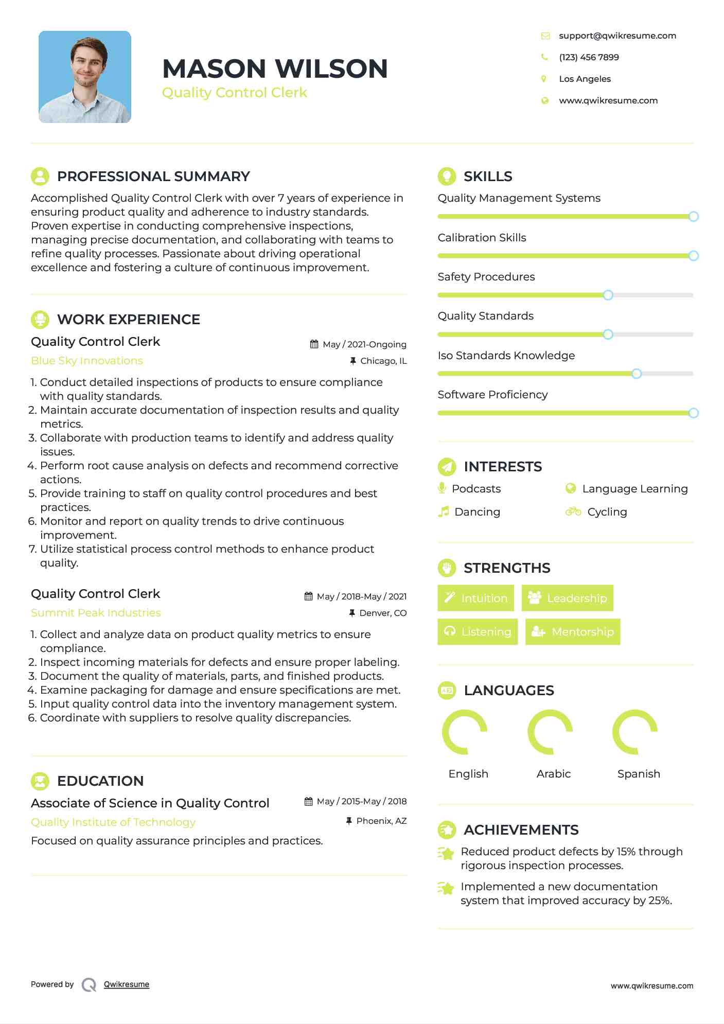 Quality Control Clerk Resume Template