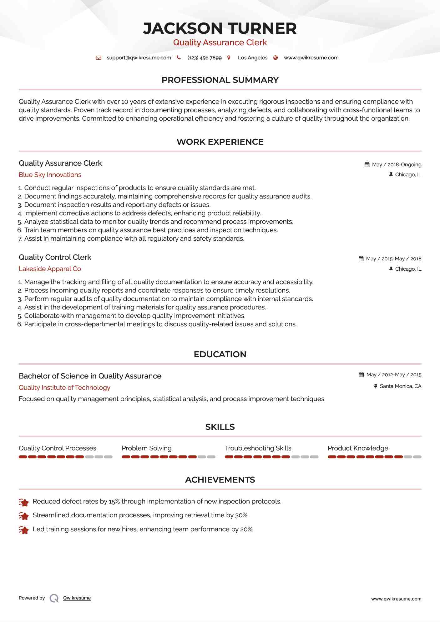 Quality Assurance Clerk Resume Format