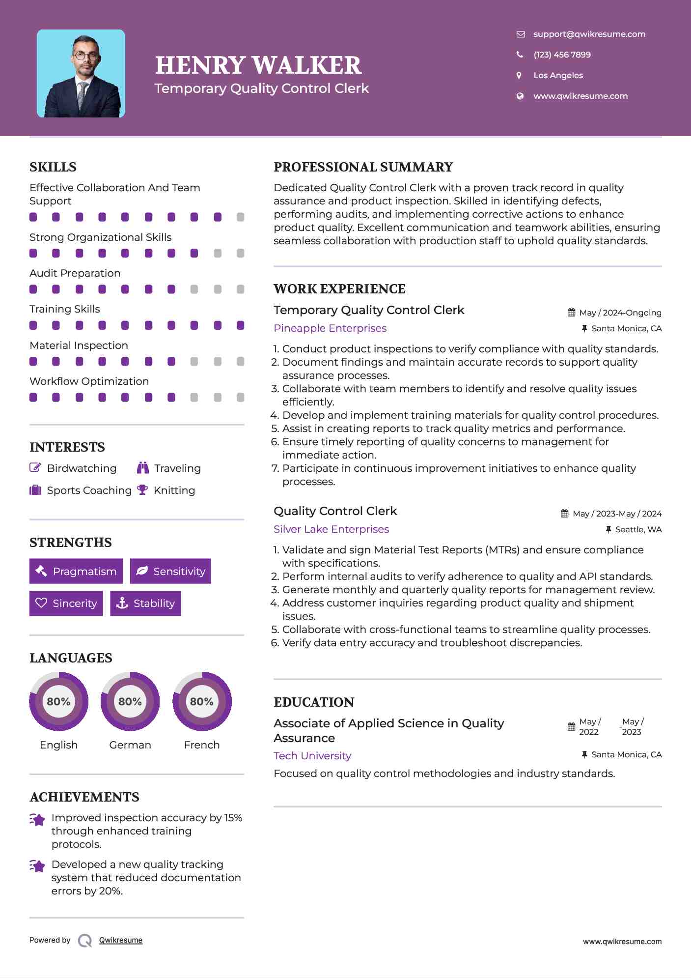 Temporary Quality Control Clerk Resume Format