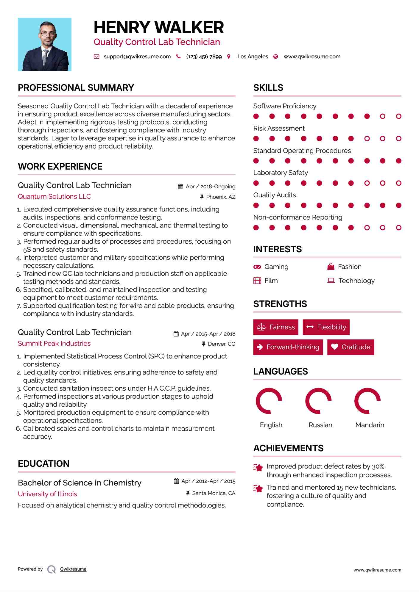 Quality Control Lab Technician Resume Model
