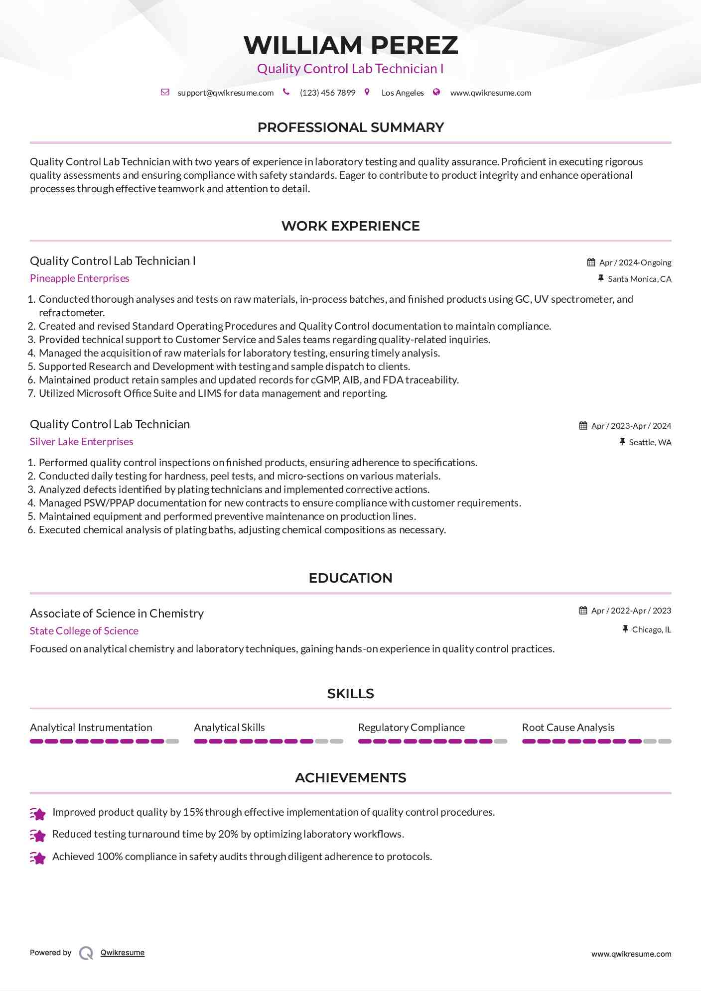 Quality Control Lab Technician I Resume Model