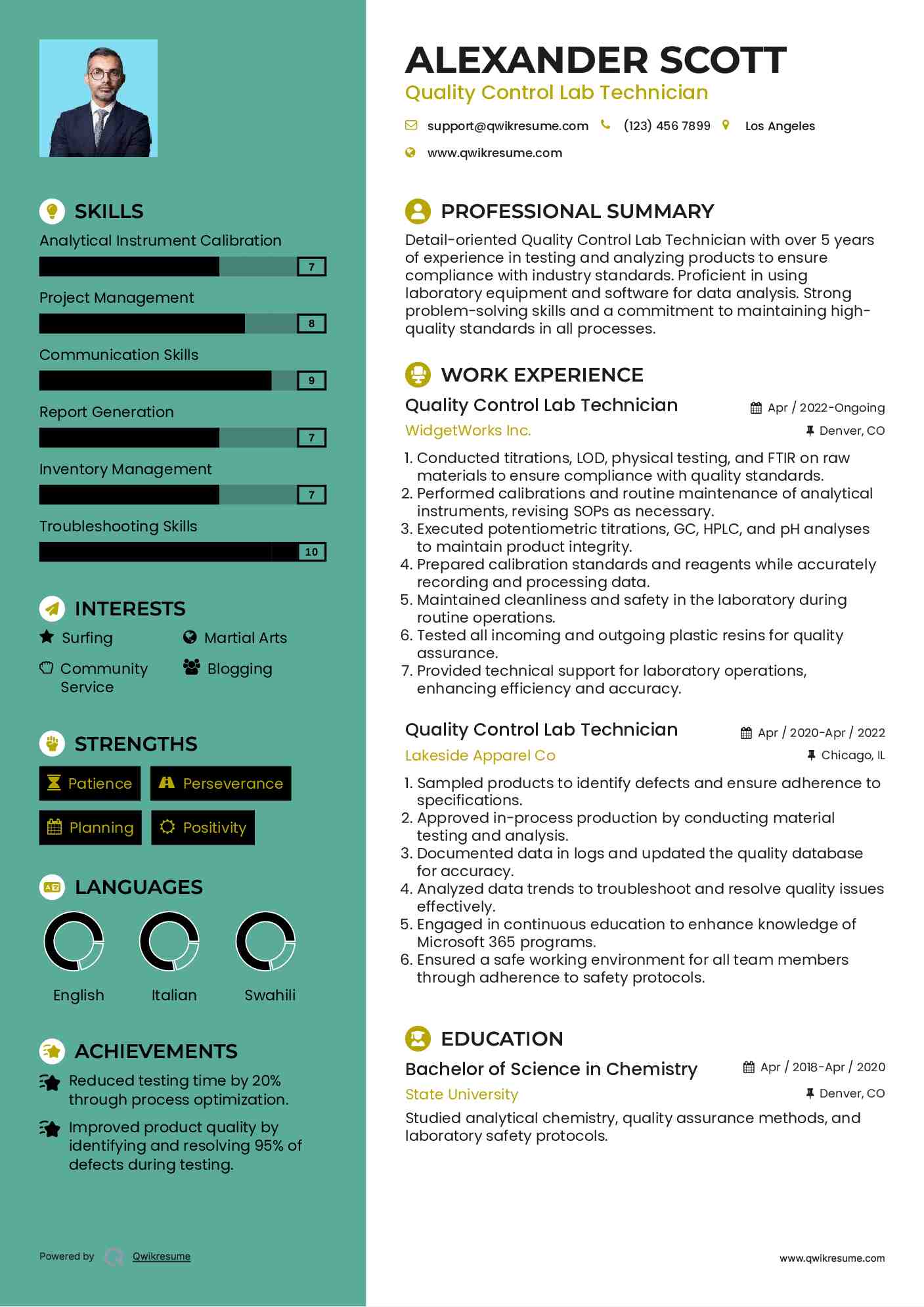 Quality Control Lab Technician Resume Sample