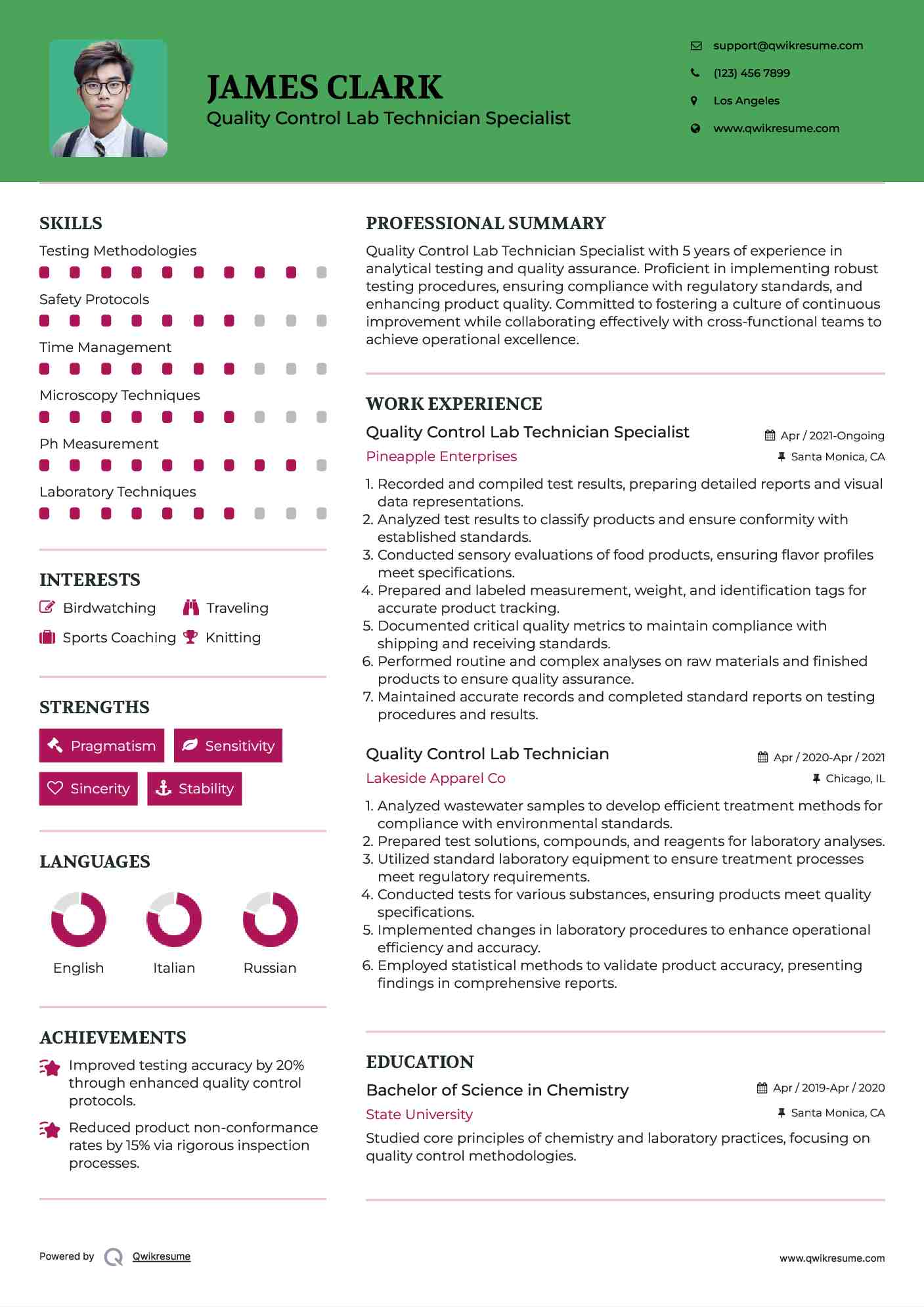 Quality Control Lab Technician Specialist Resume Model