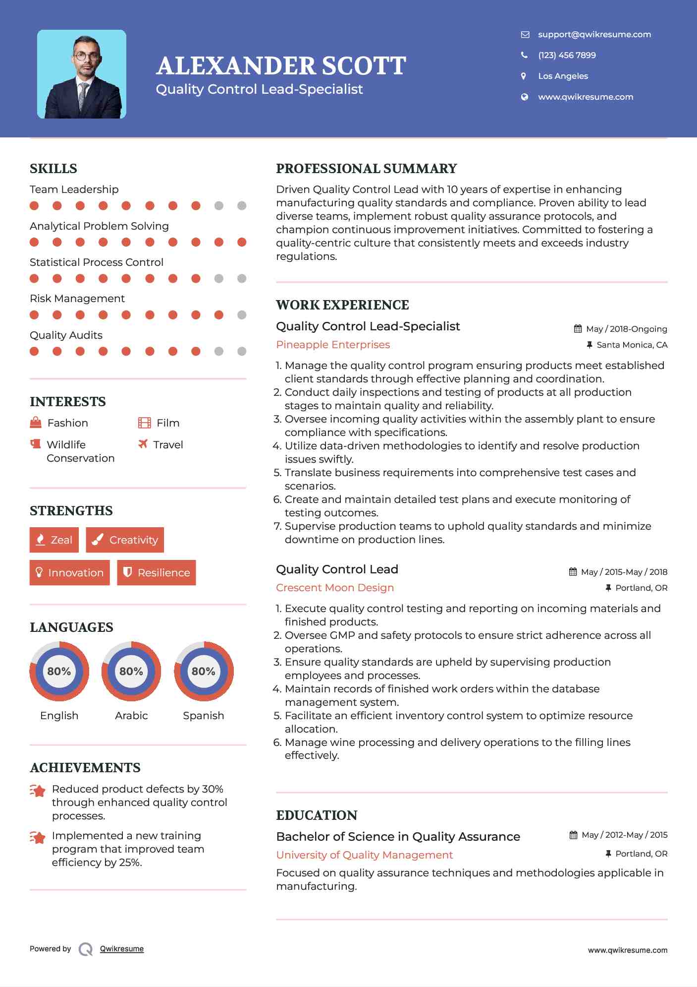 Quality Control Lead-Specialist Resume Example