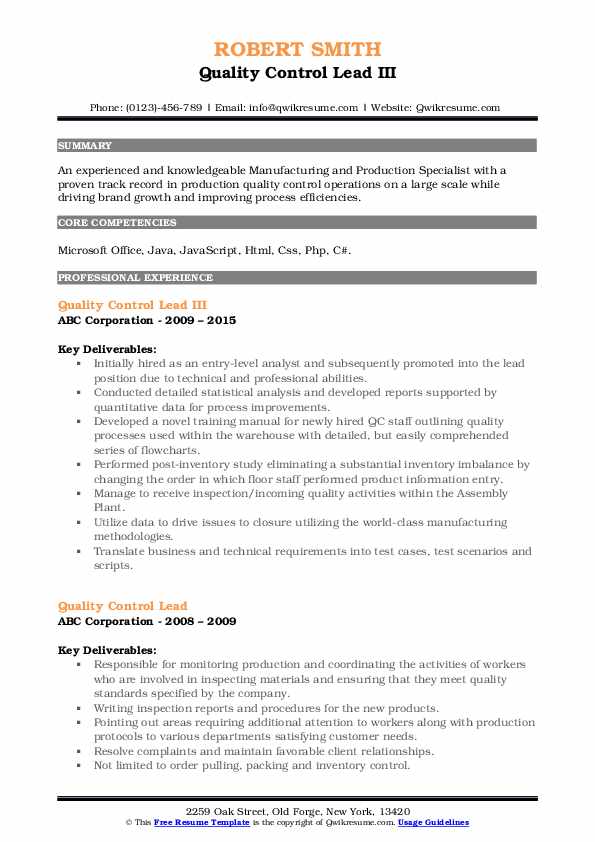 Quality Control Lead Resume Samples QwikResume
