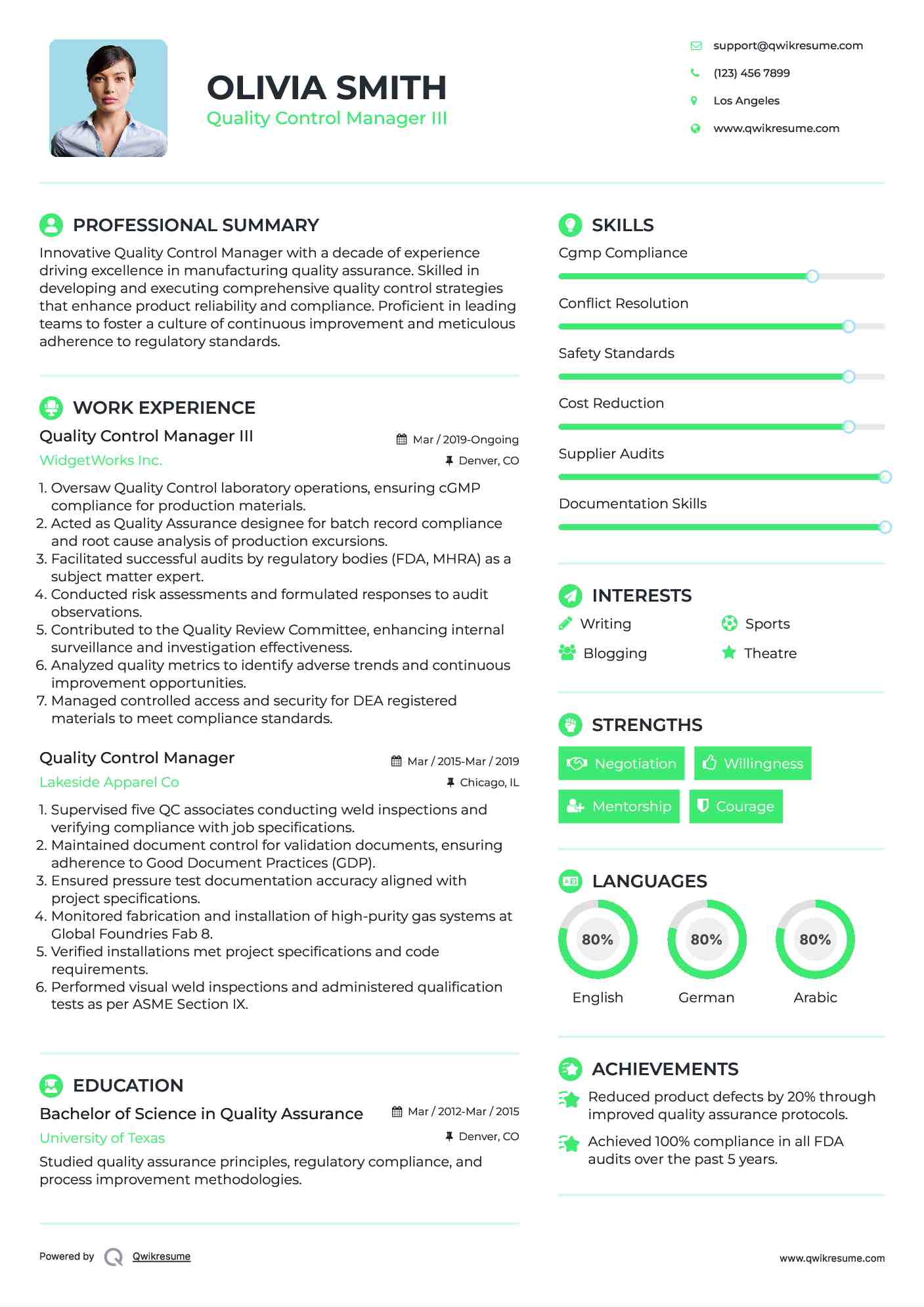 Quality Control Manager III Resume Sample