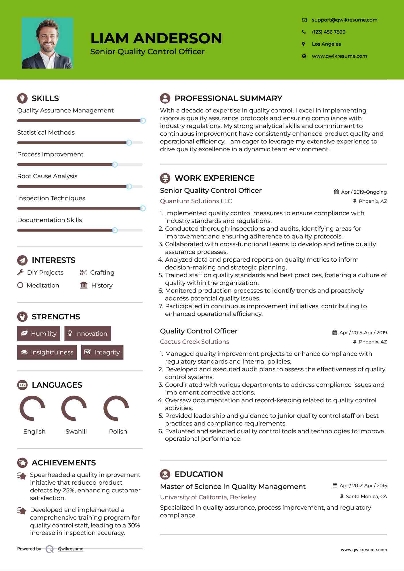 Senior Quality Control Officer  Resume Format