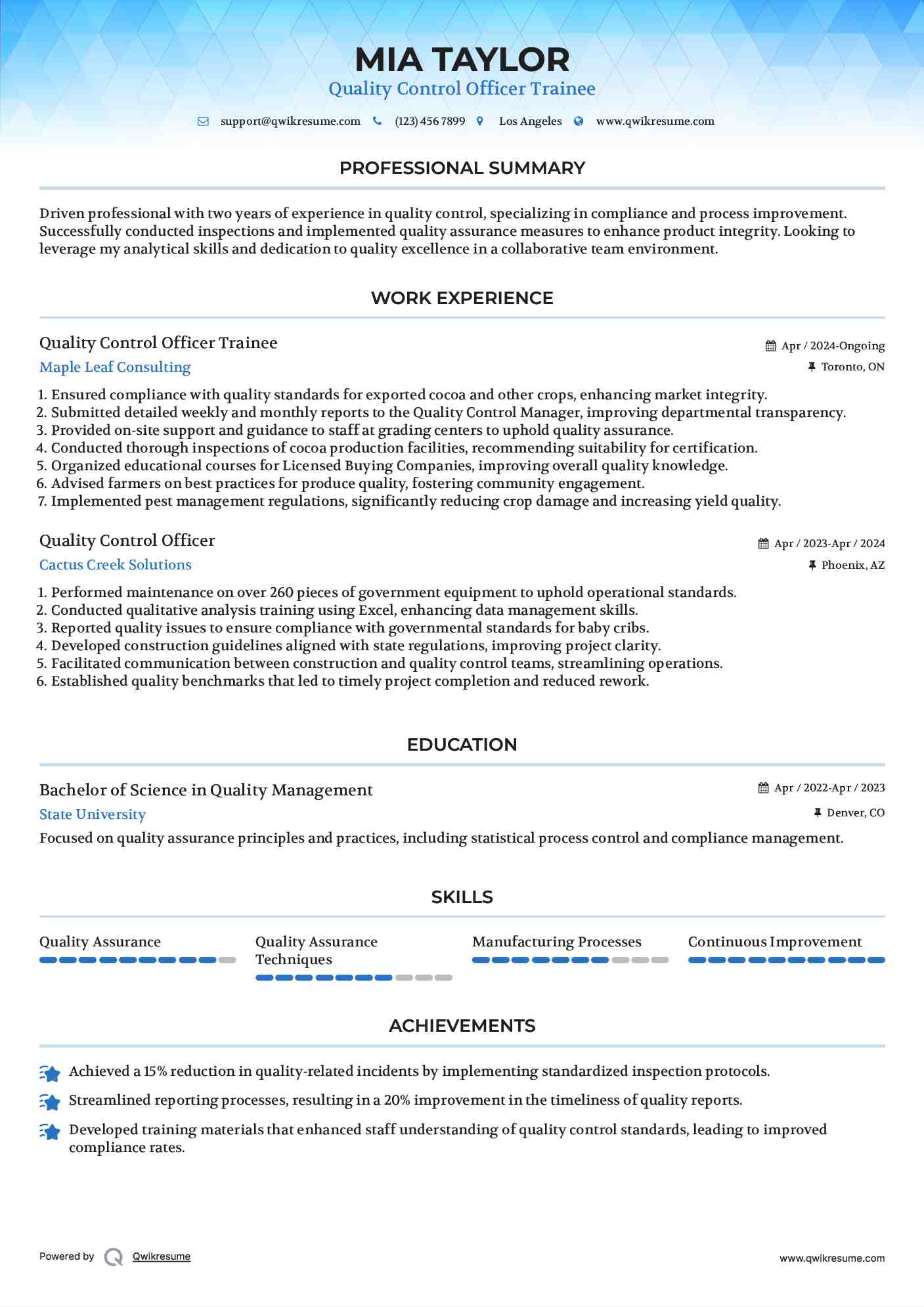 Quality Control Officer Trainee Resume Template