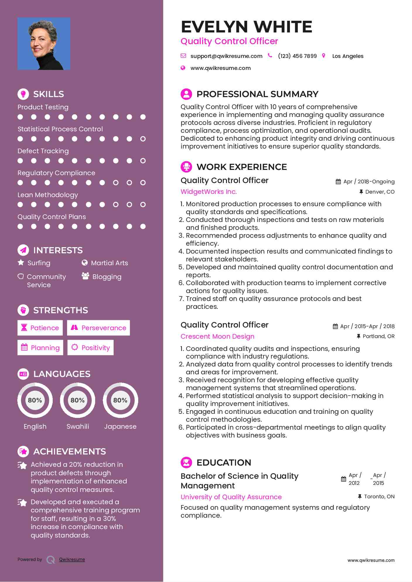 Quality Control Officer Resume Sample