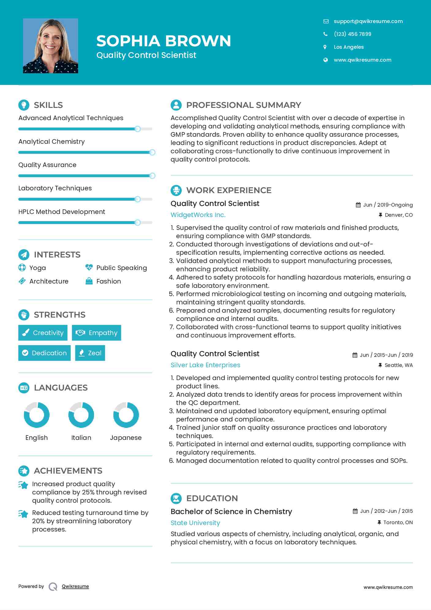 Quality Control Scientist Resume Example