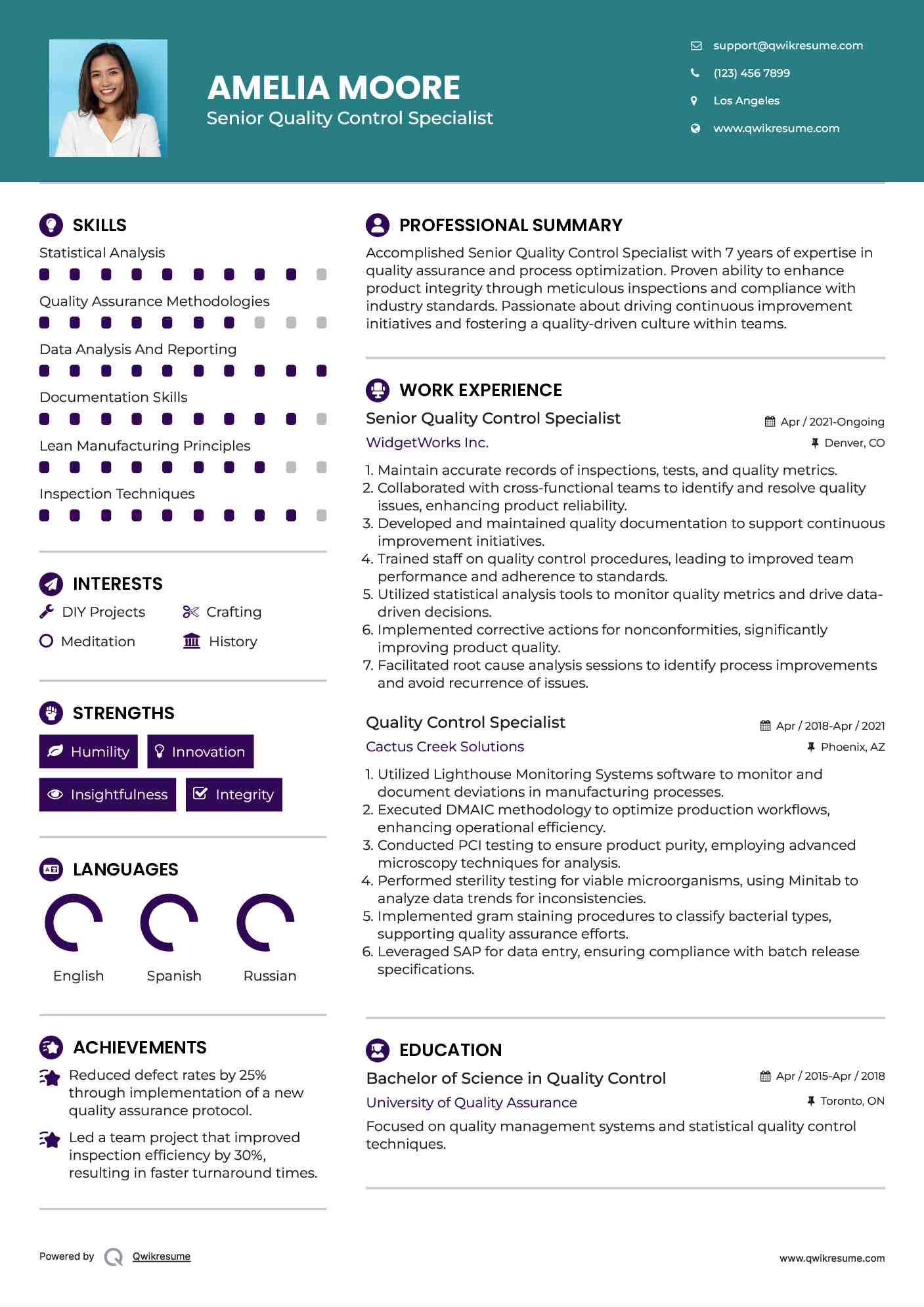 Senior Quality Control Specialist  Resume Sample