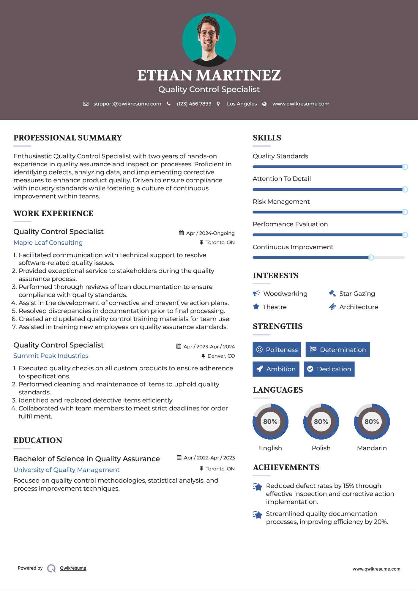 Quality Control Specialist Resume Format