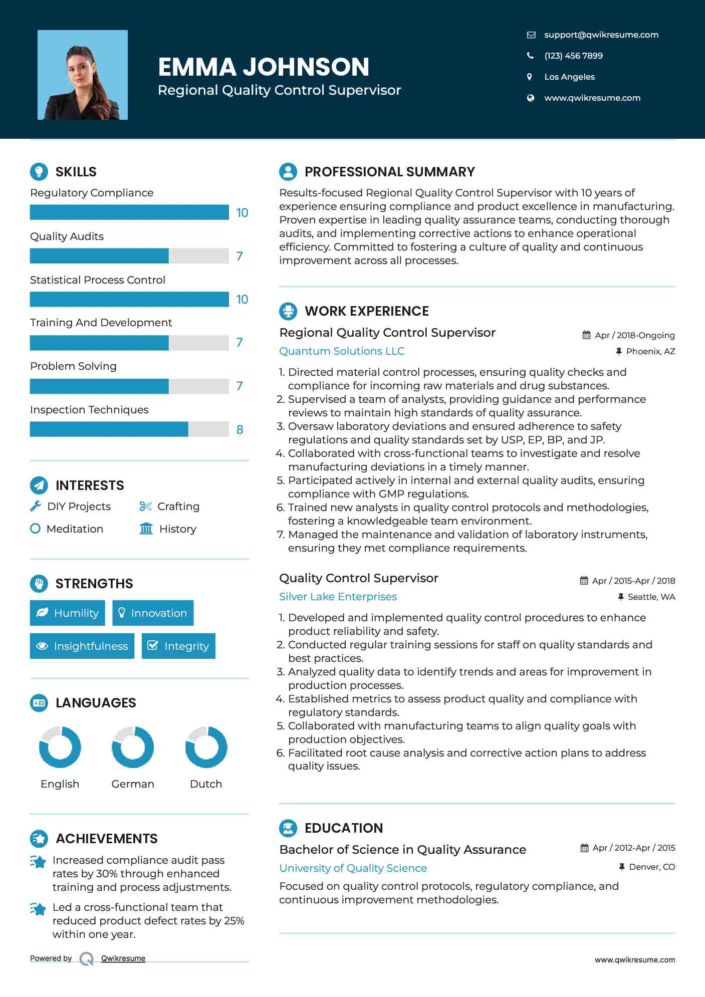 Regional Quality Control Supervisor Resume Template