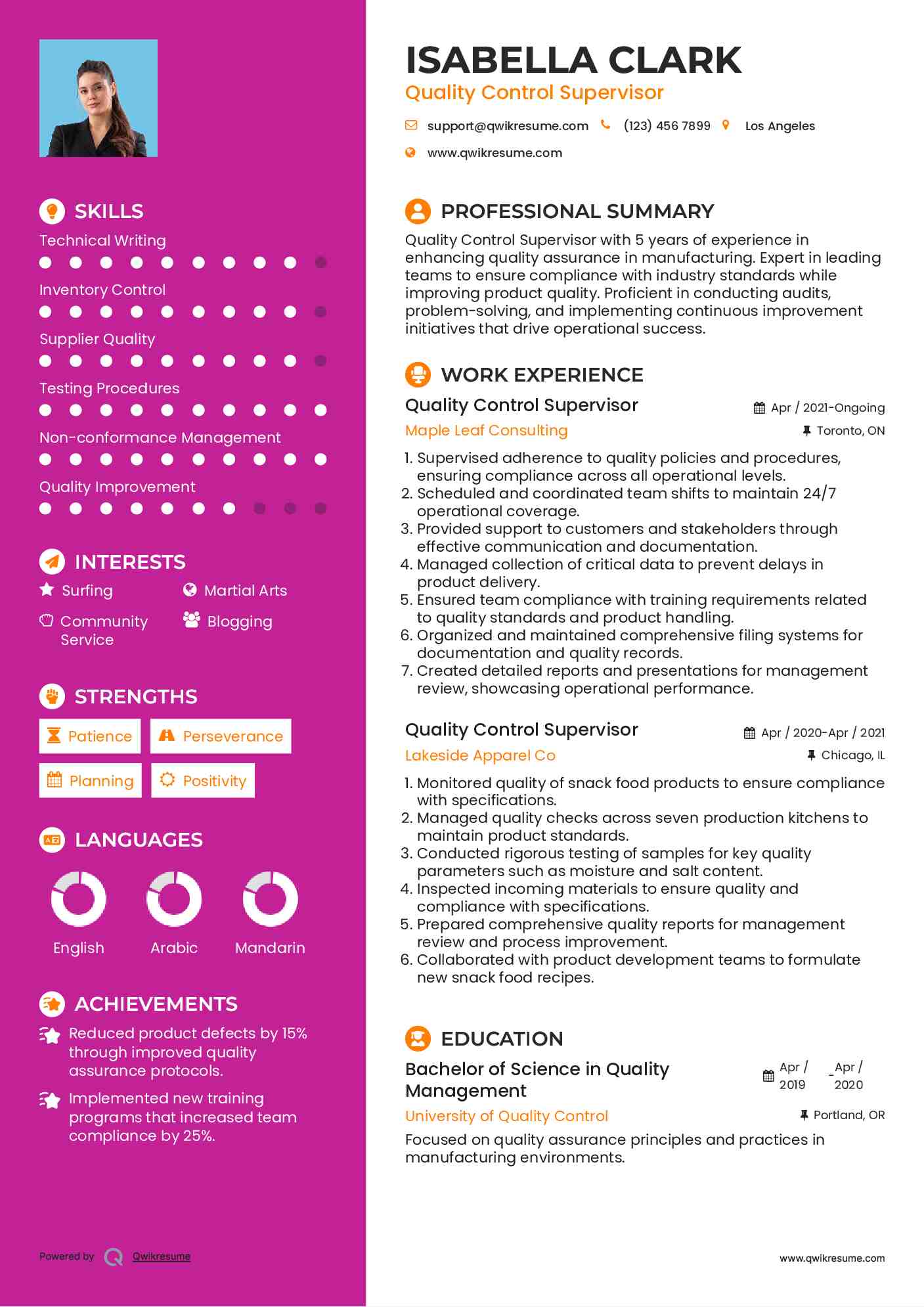 Quality Control Supervisor Resume Model