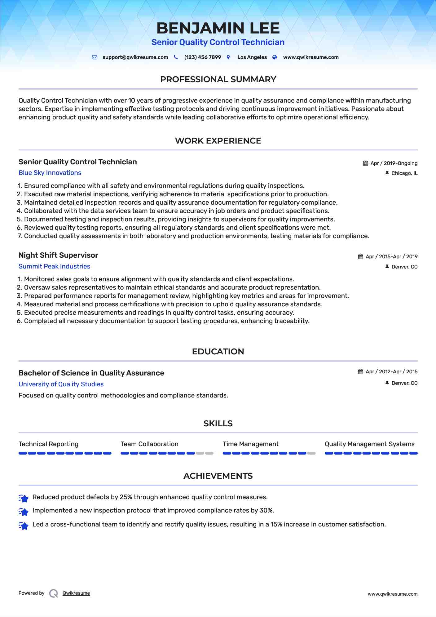 Senior Quality Control Technician Resume Sample