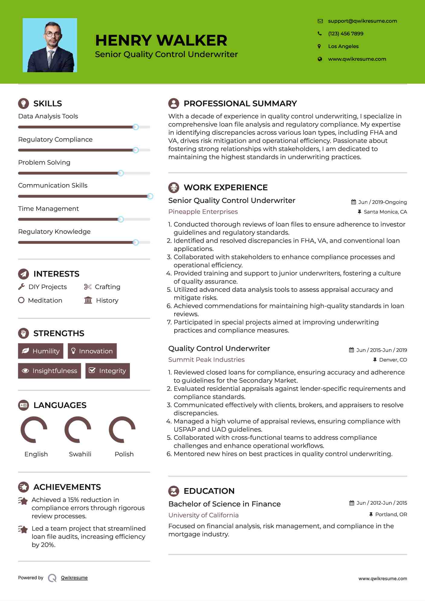 Senior Quality Control Underwriter Resume Example