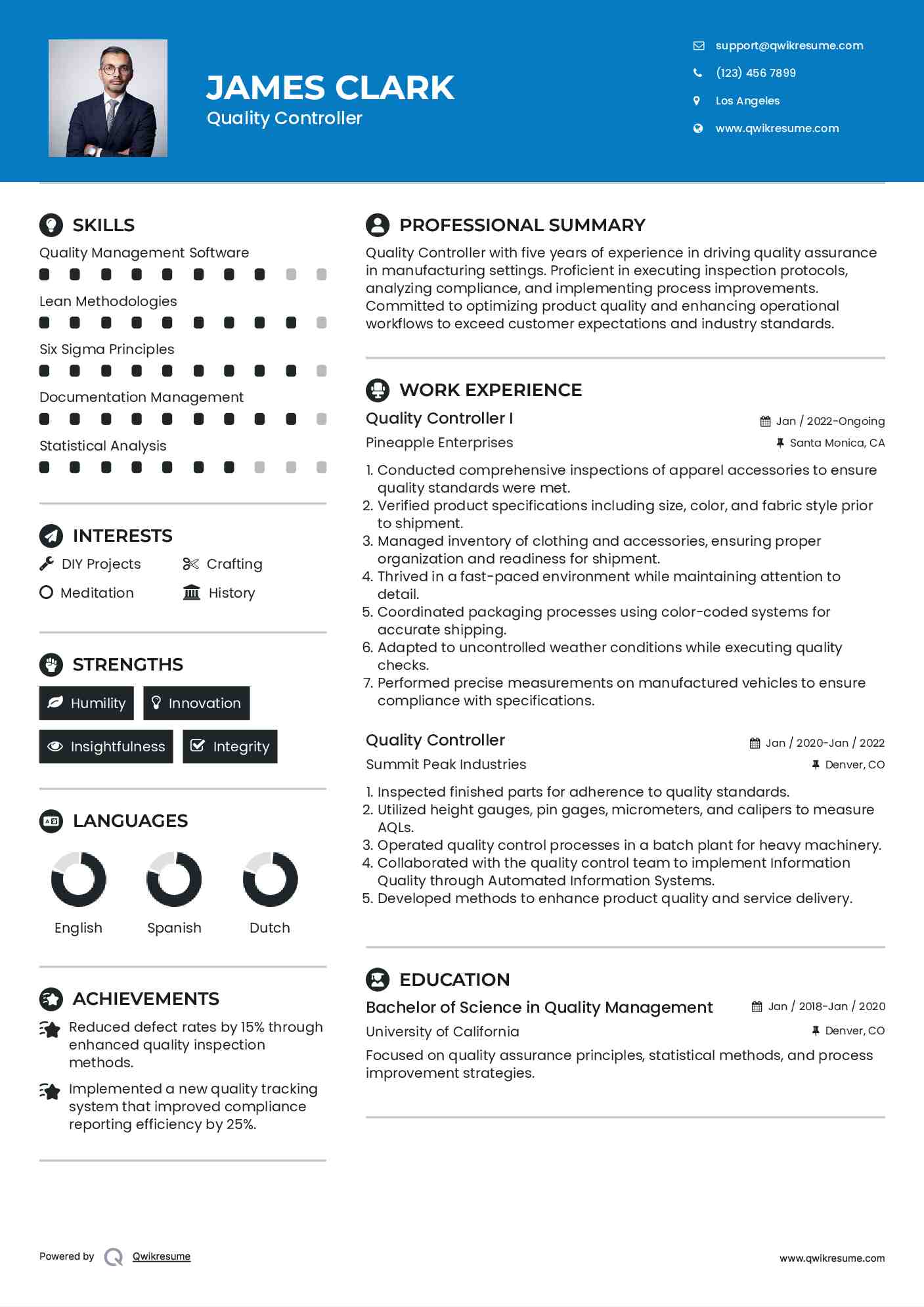 Quality Controller I Resume Example