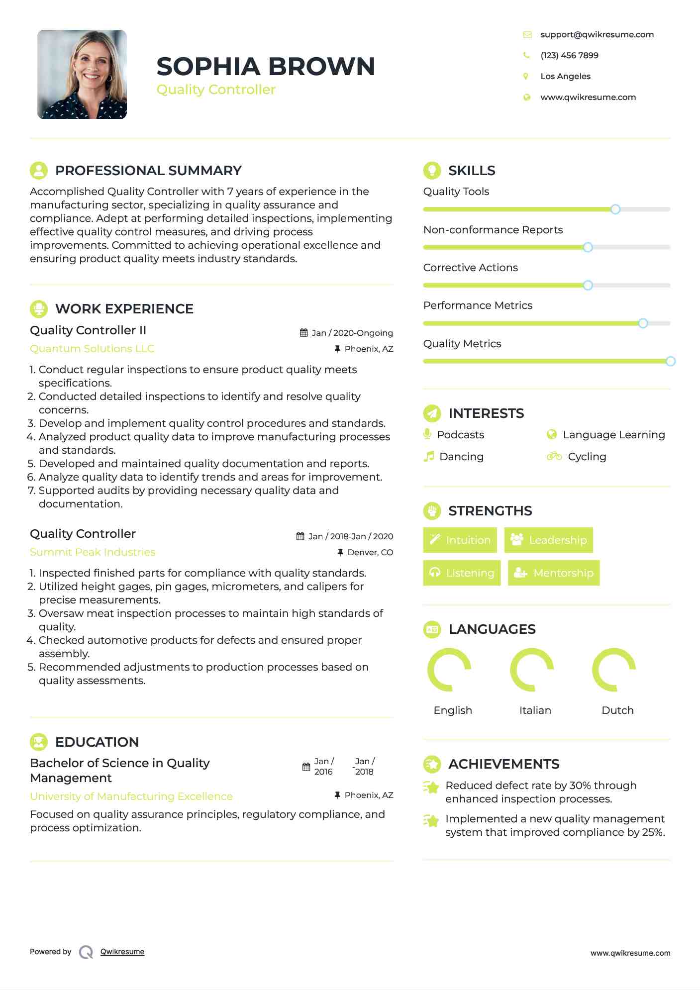 Quality Controller II Resume Sample