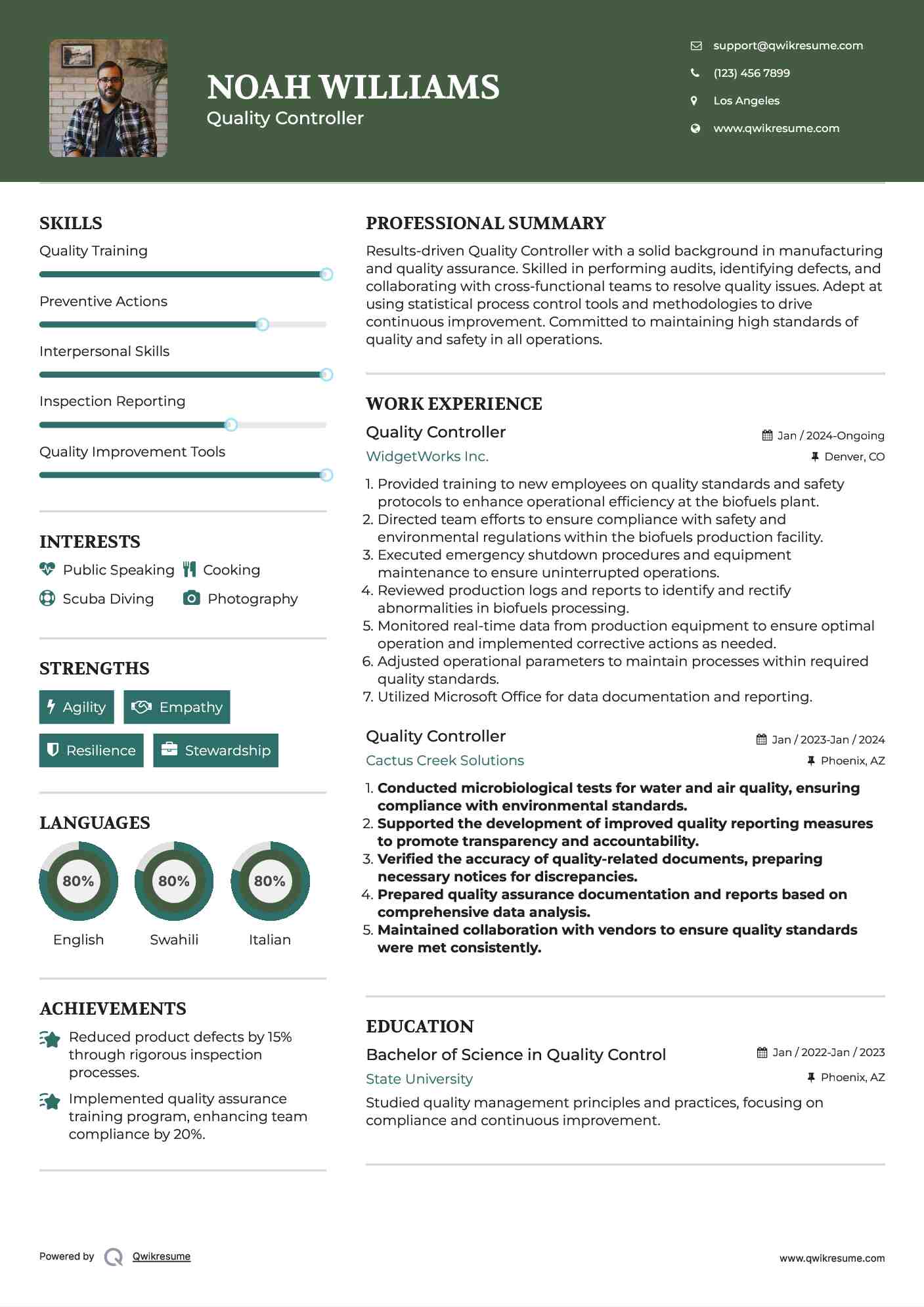 Quality Controller Resume Example