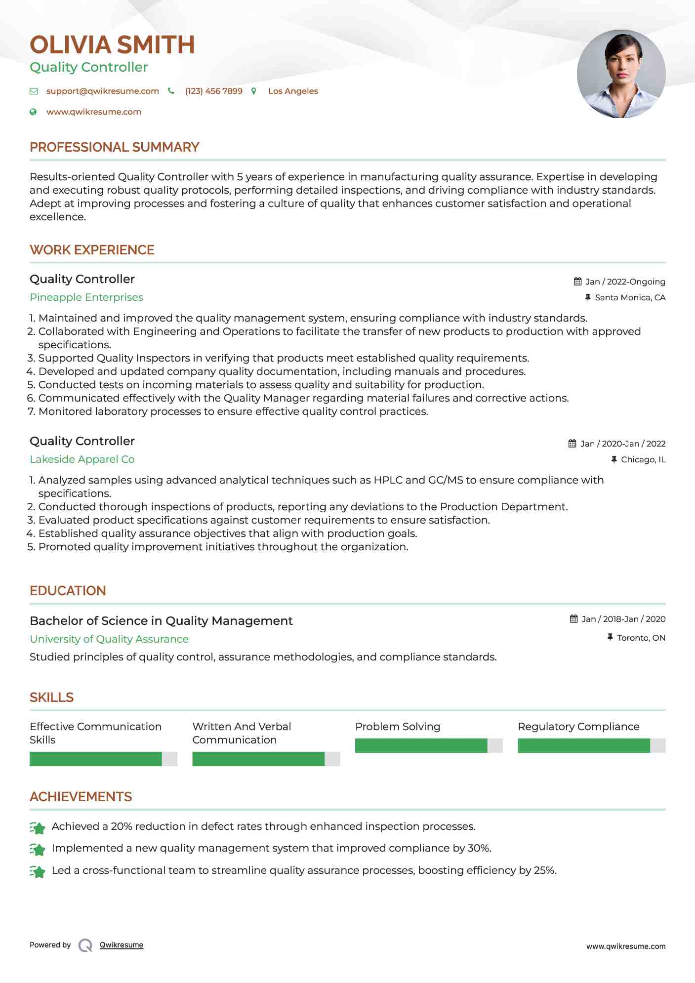 Quality Controller Resume Format