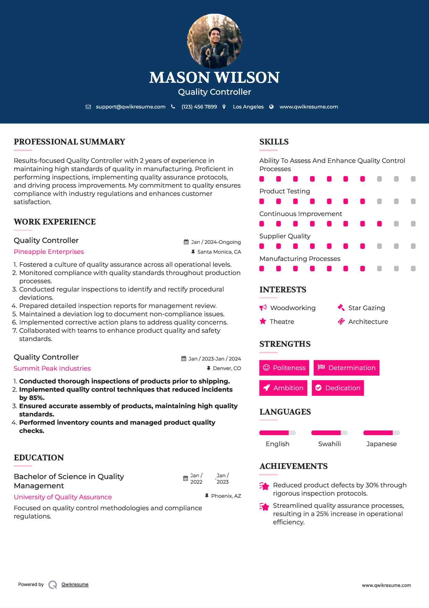Quality Controller Resume Example