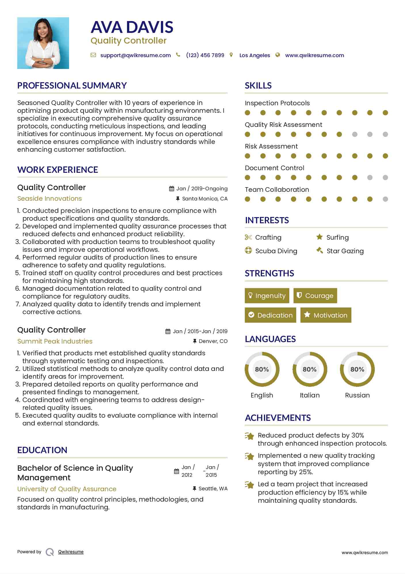 Quality Controller Resume Example