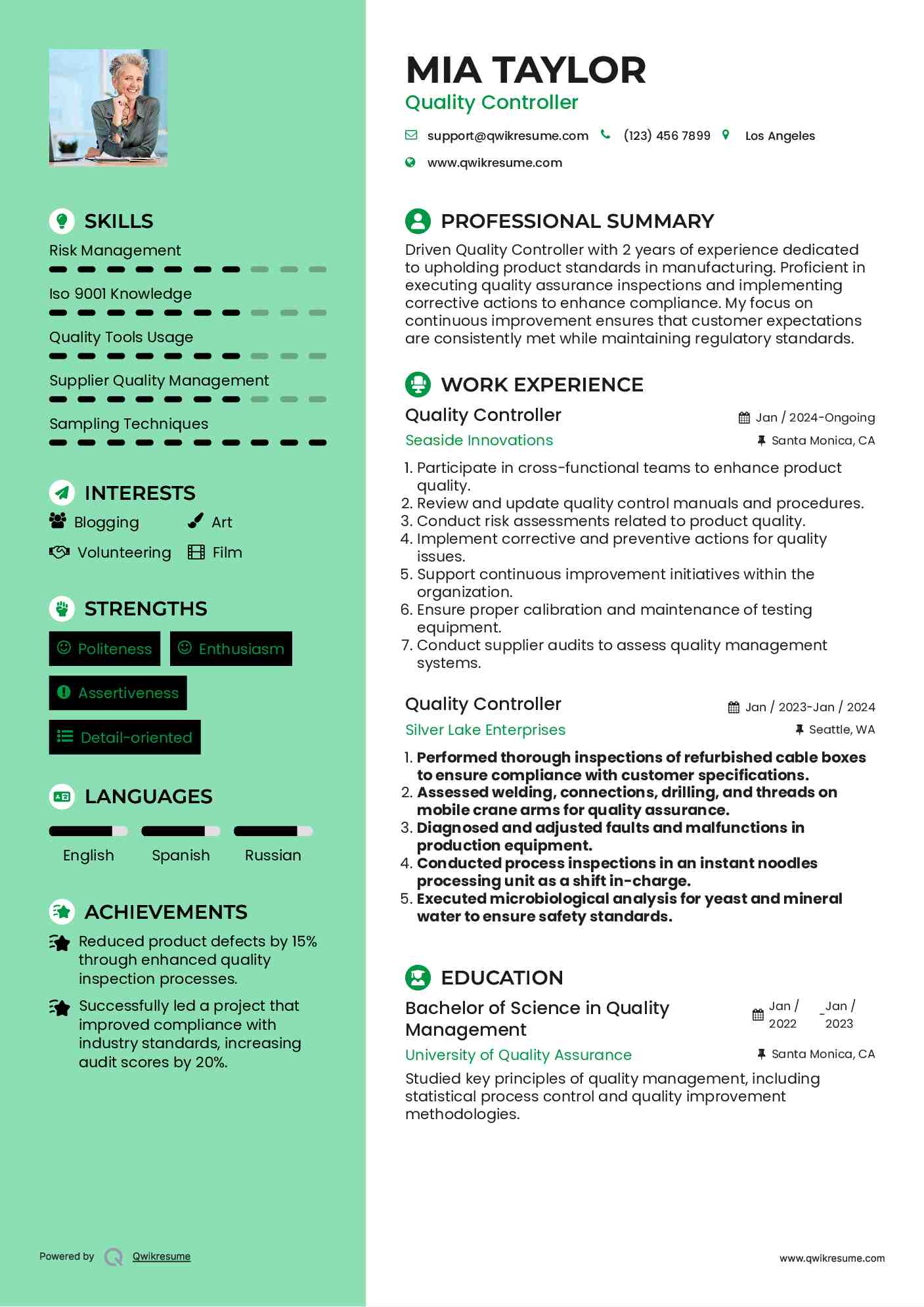 Quality Controller Resume Format