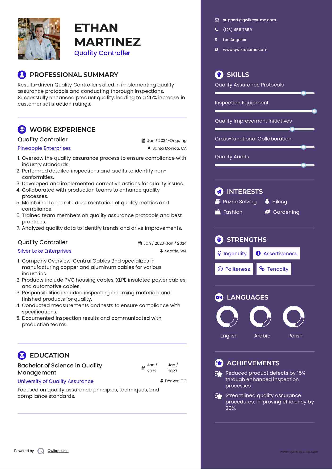 Quality Controller Resume Sample