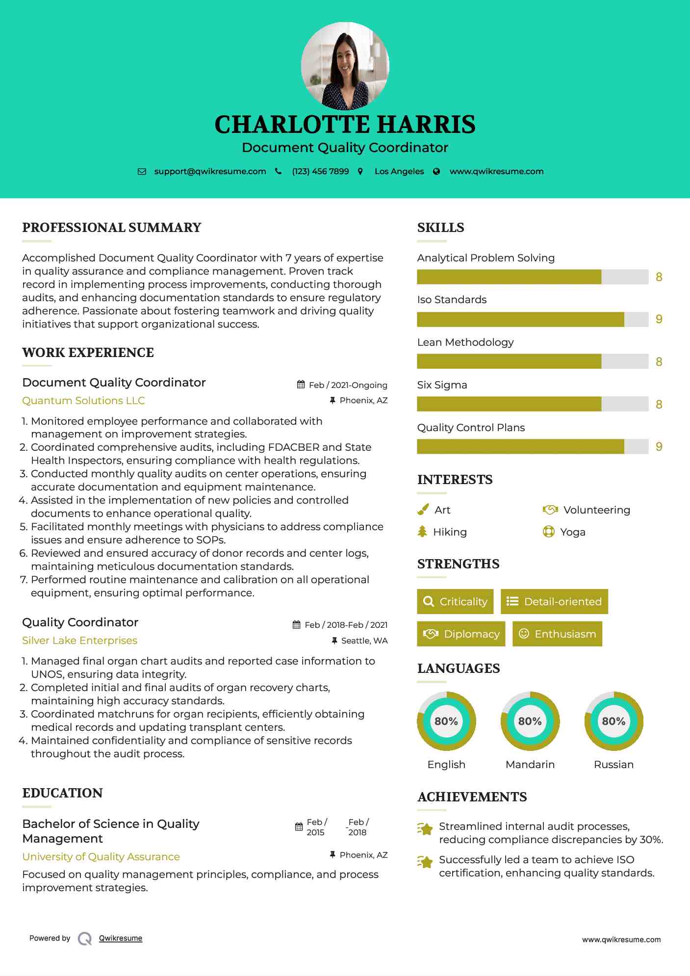 Document Quality Coordinator Resume Sample