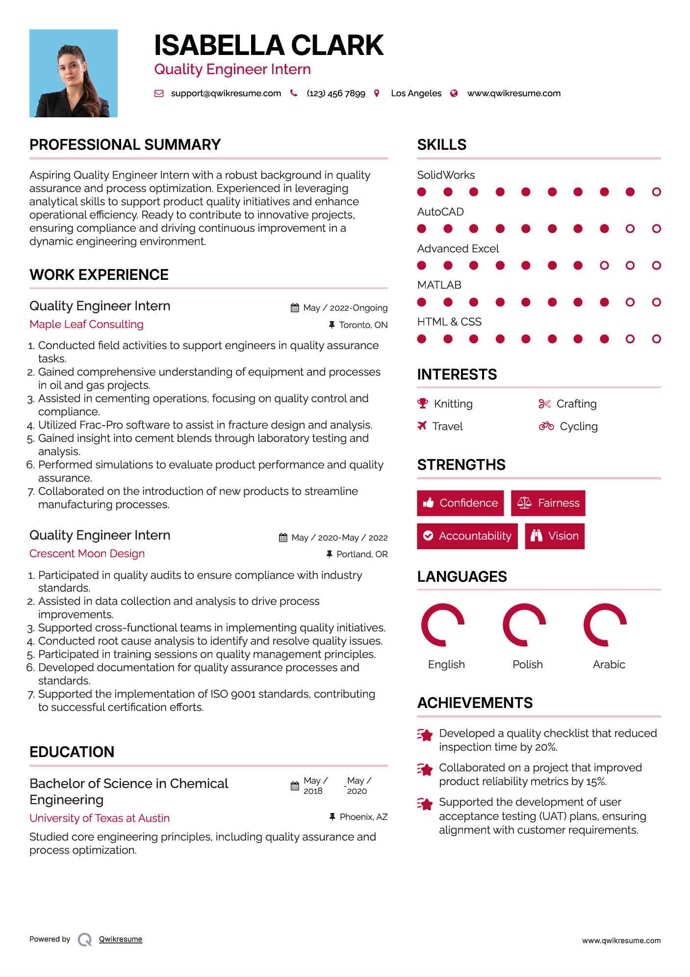 Quality Engineer Intern Resume Template