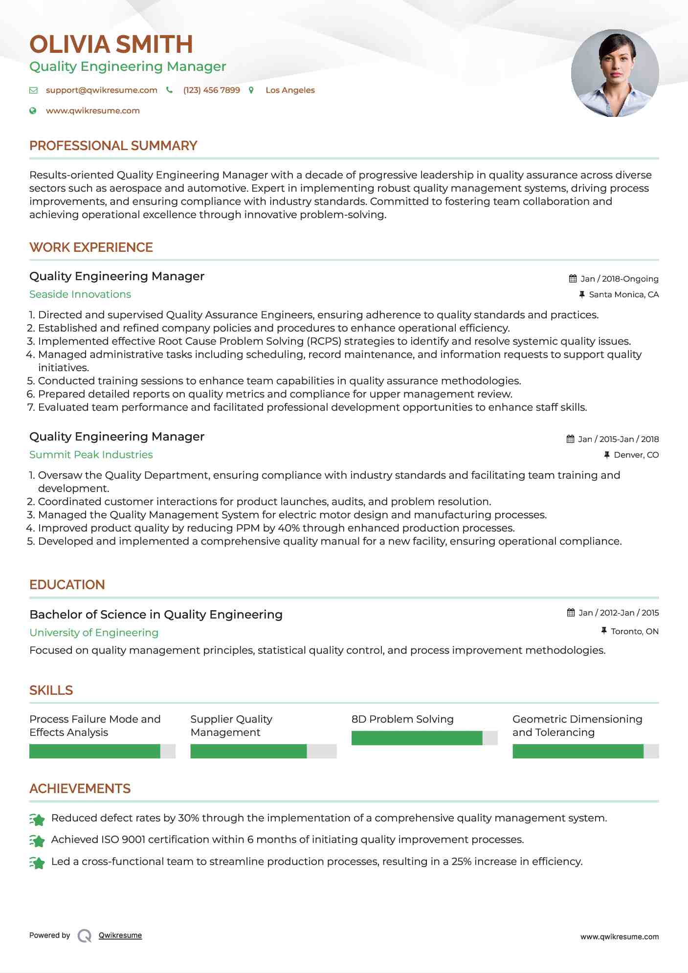 Quality Engineering Manager Resume Sample