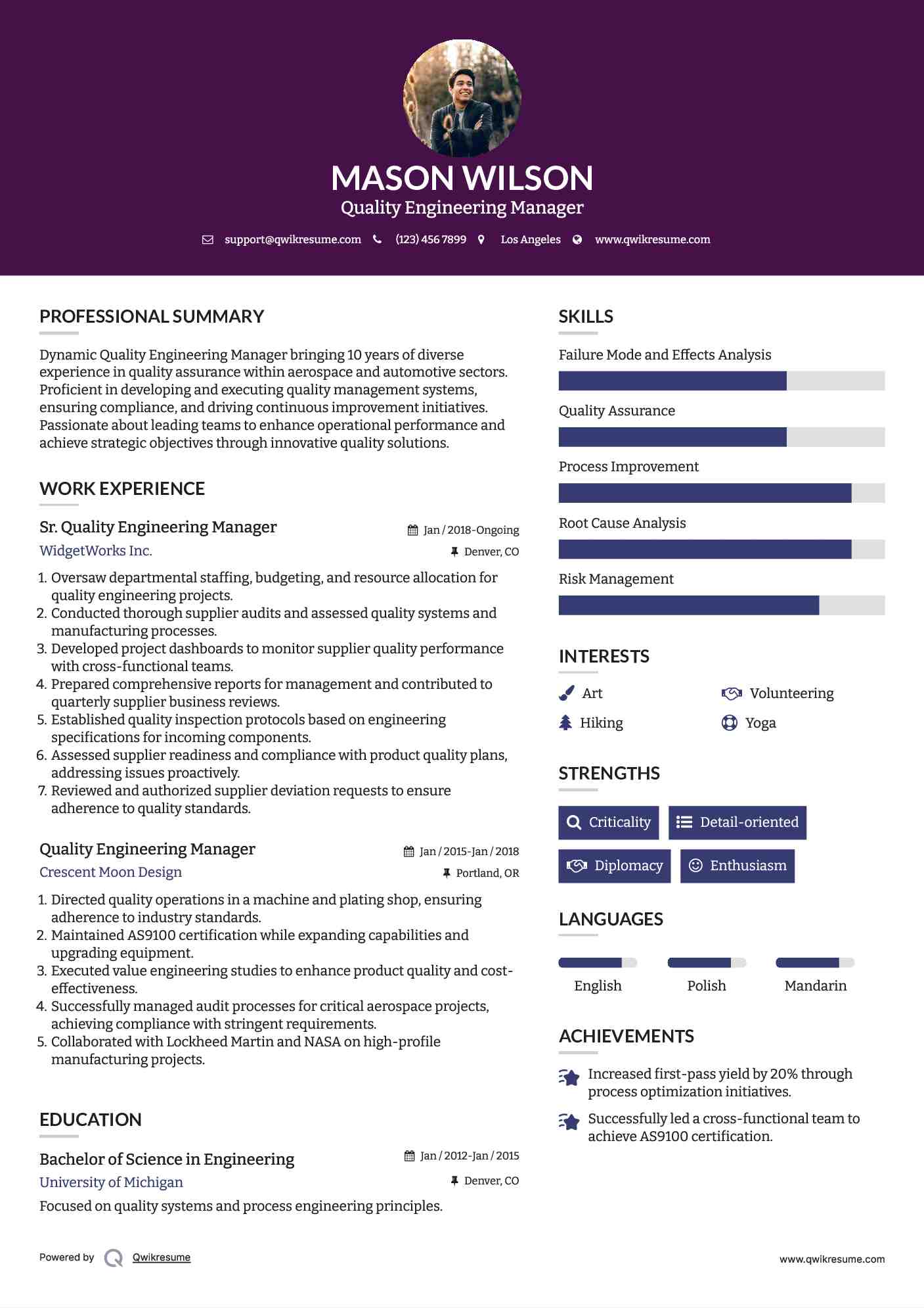 Sr. Quality Engineering Manager Resume Example