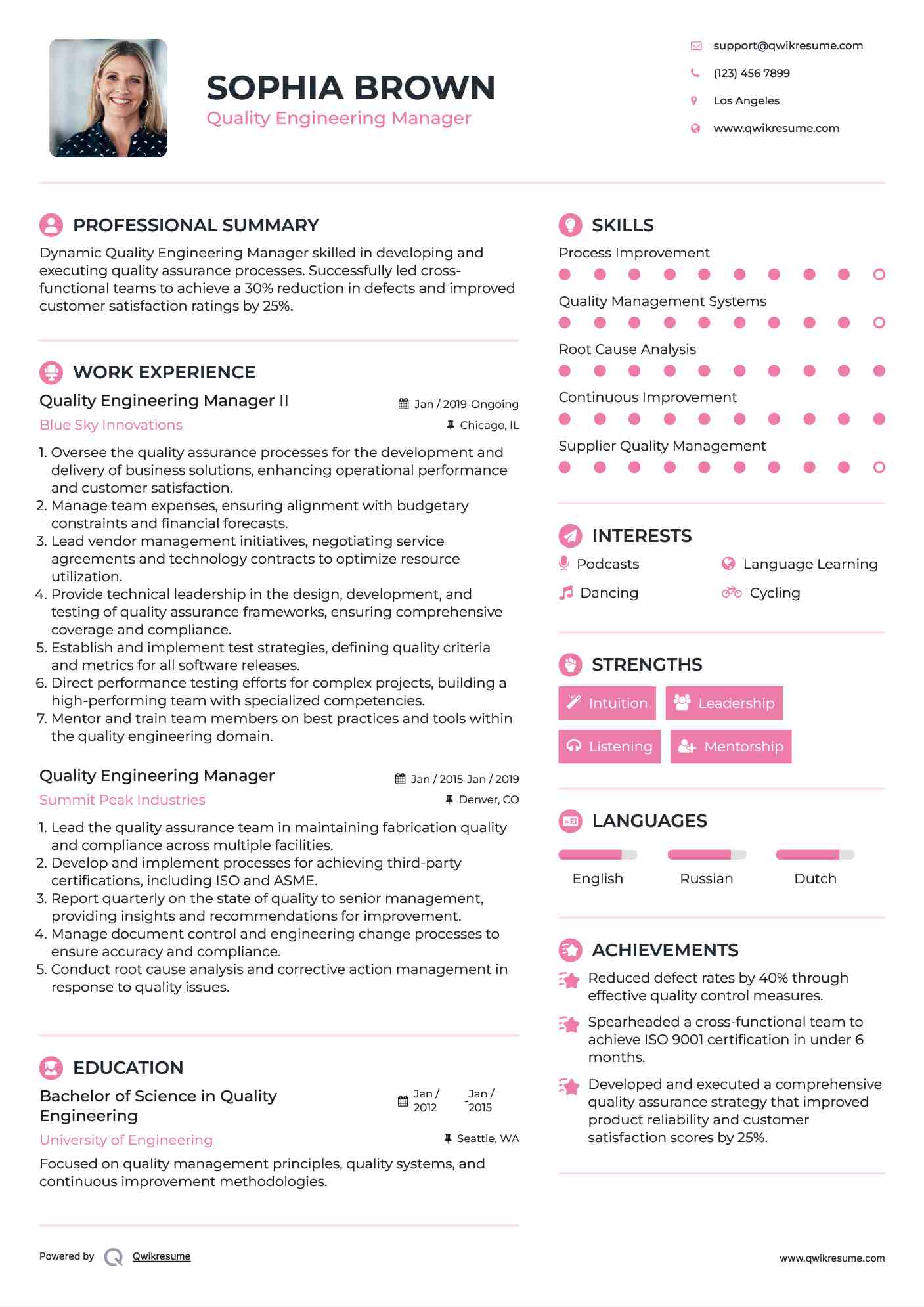 Quality Engineering Manager II Resume Template