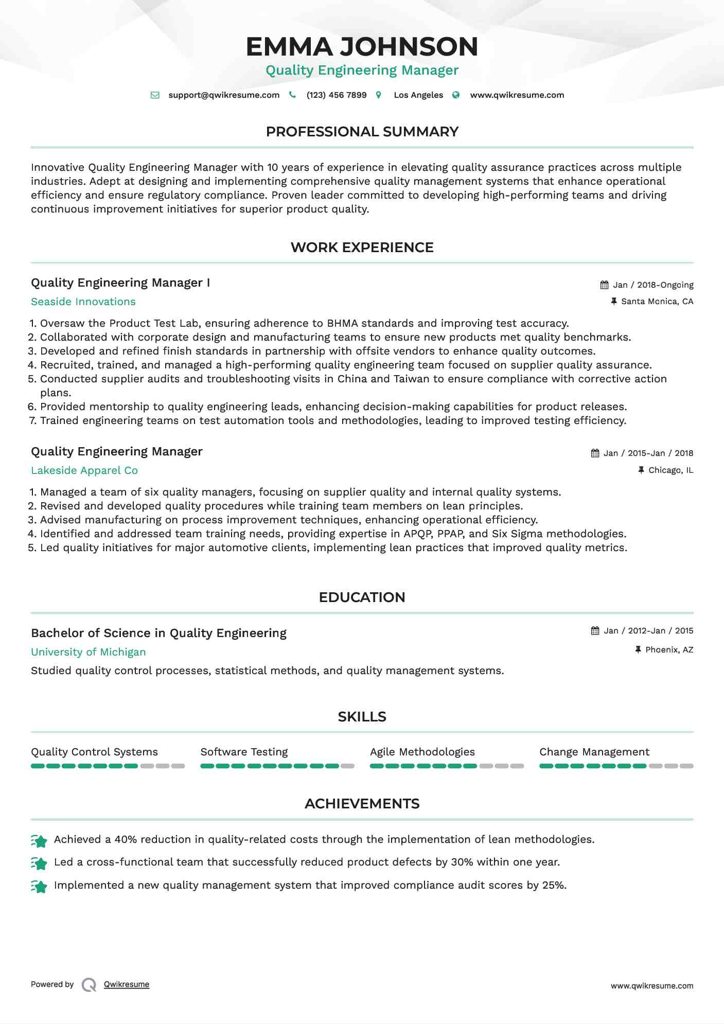 Quality Engineering Manager I Resume Sample