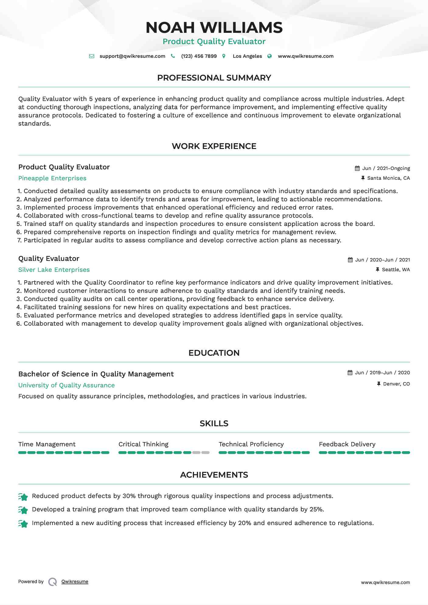 Product Quality Evaluator Resume Template