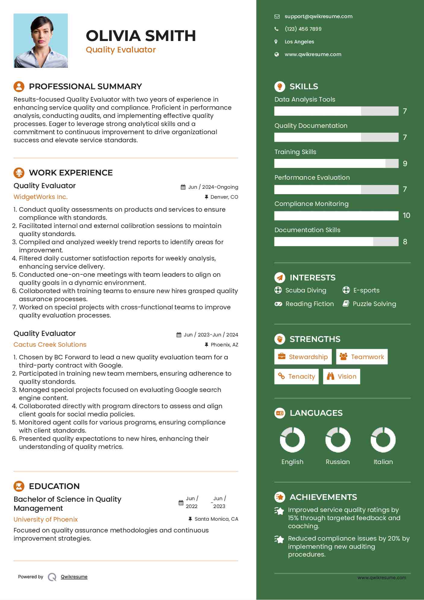 Quality Evaluator Resume Example