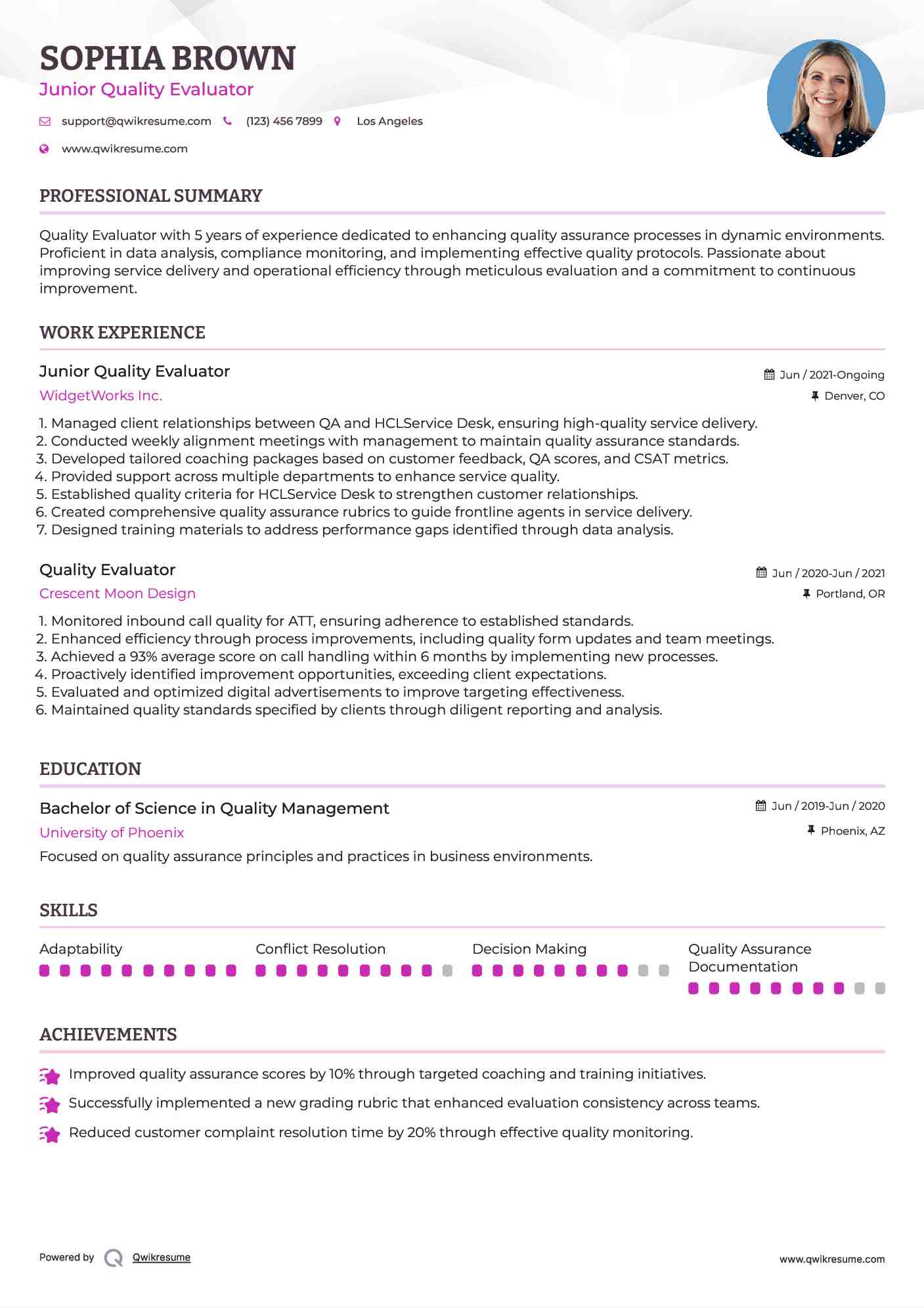 Junior Quality Evaluator Resume Format