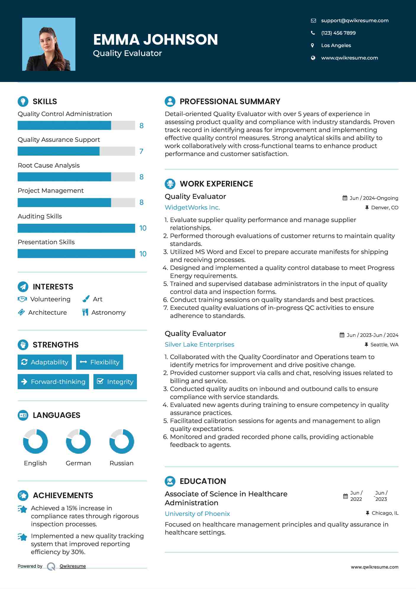 Quality Evaluator Resume Example