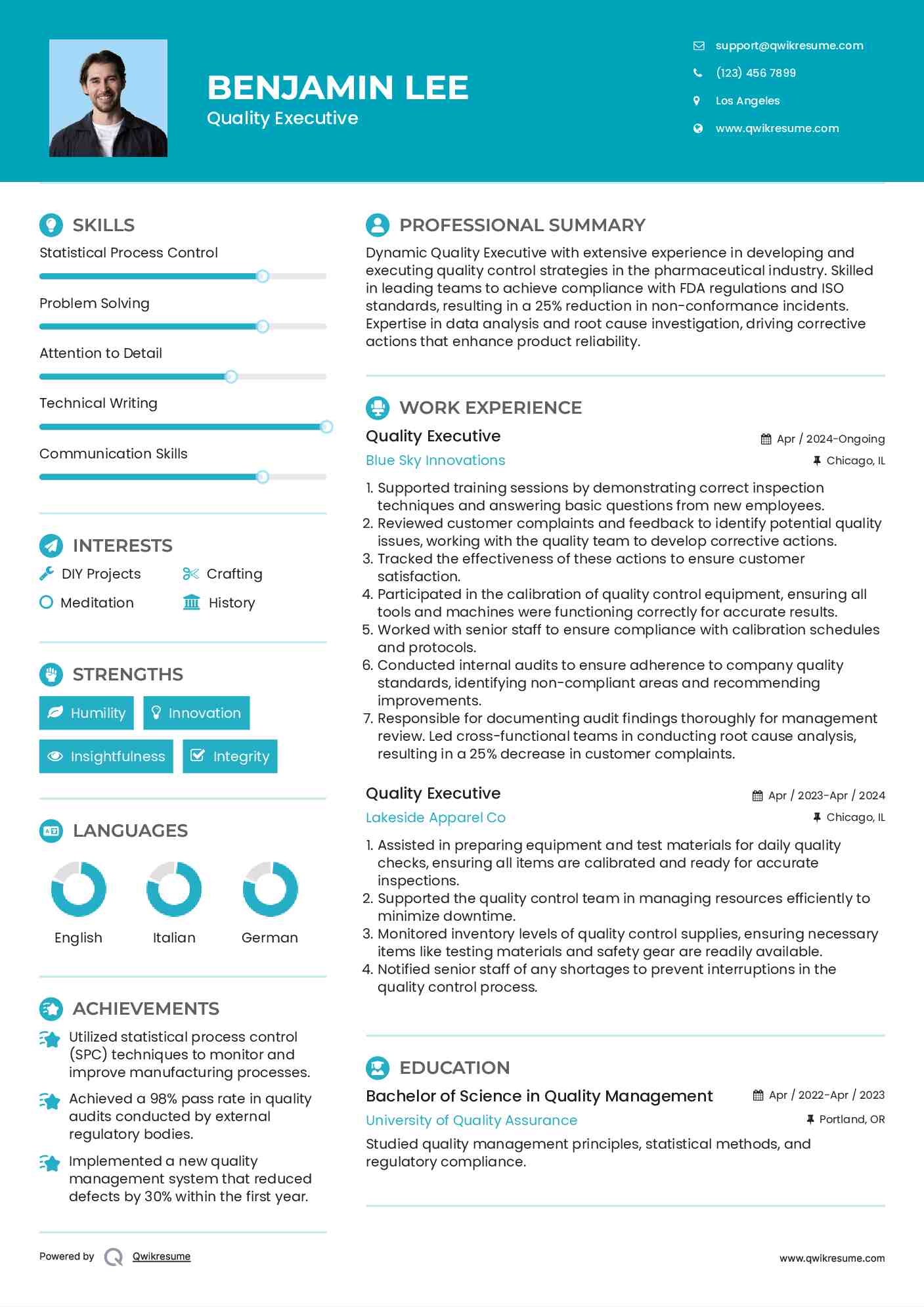 Quality Executive Resume Sample