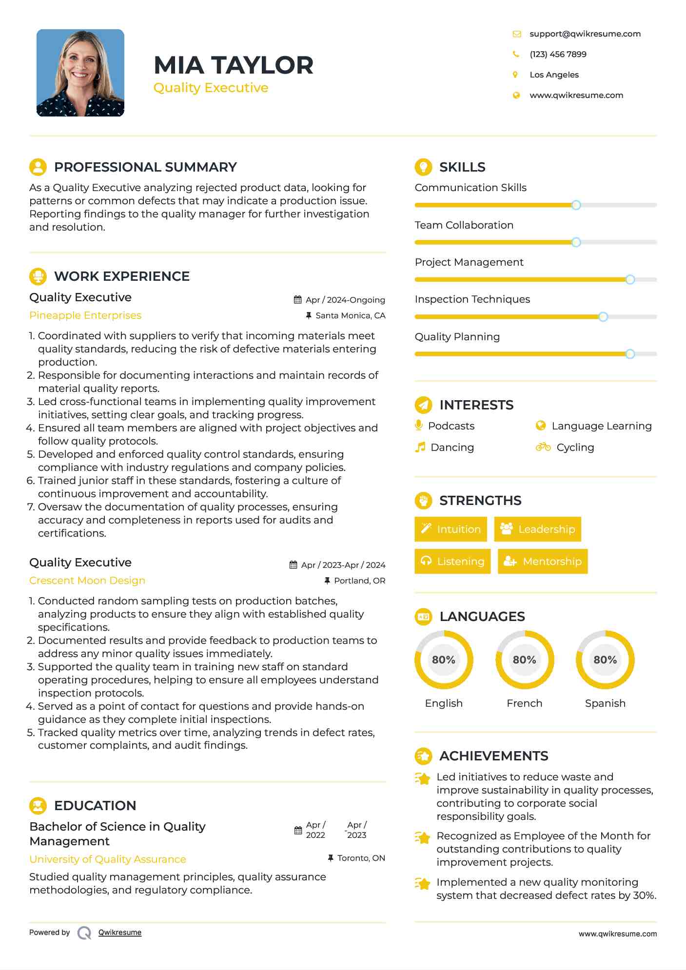 Quality Executive Resume Sample