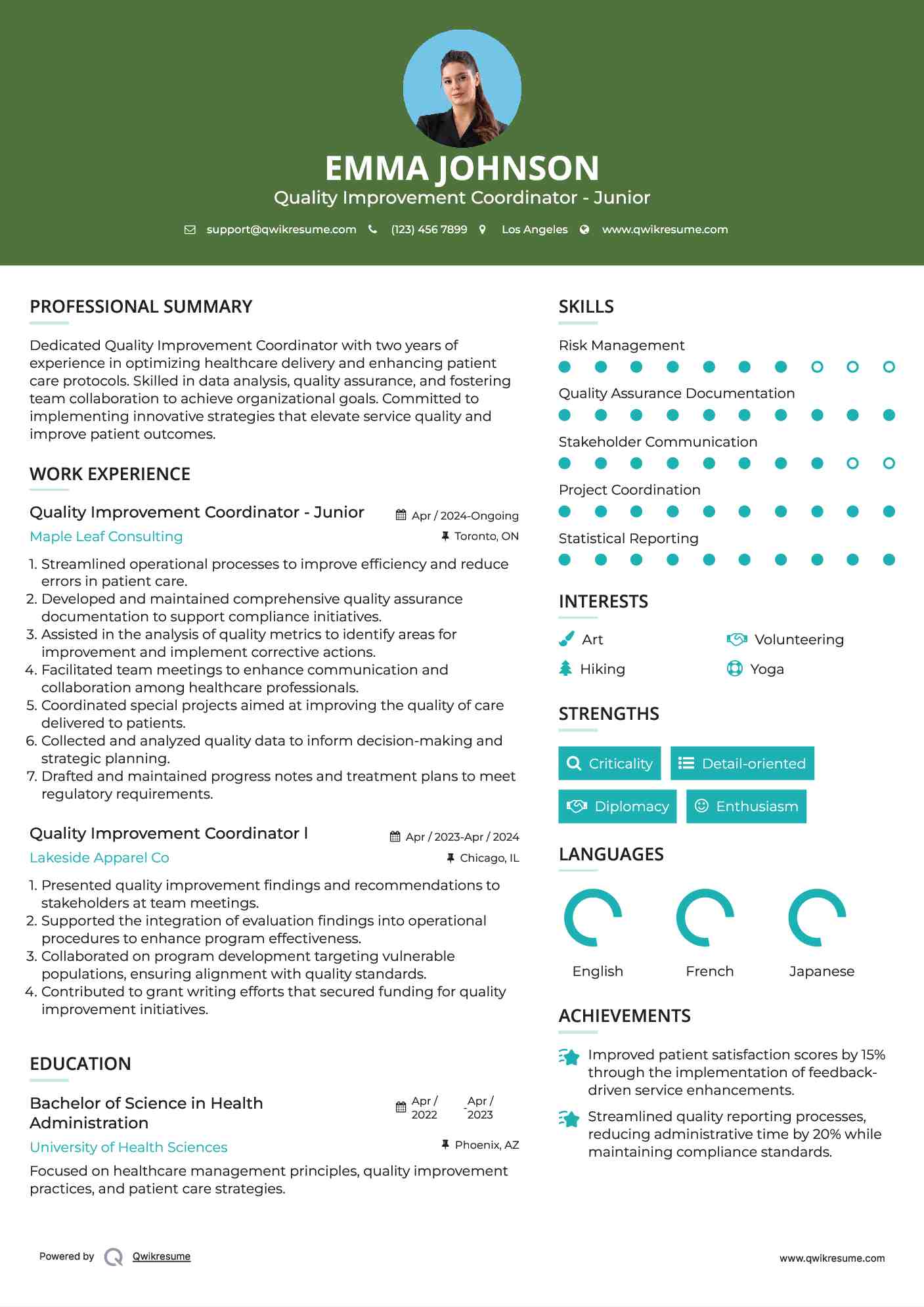 Quality Improvement Coordinator - Junior Resume Template