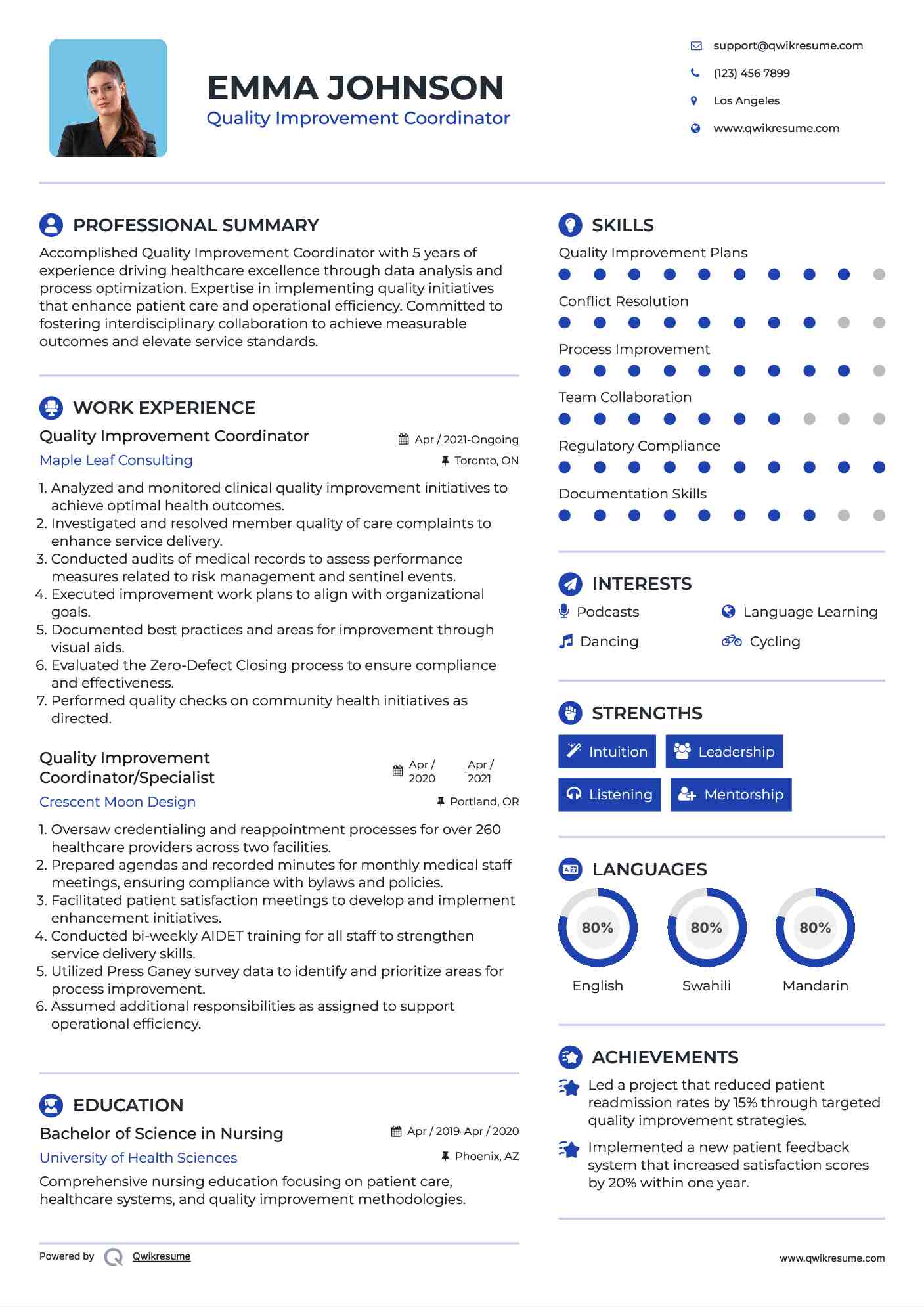Quality Improvement Coordinator Resume Sample