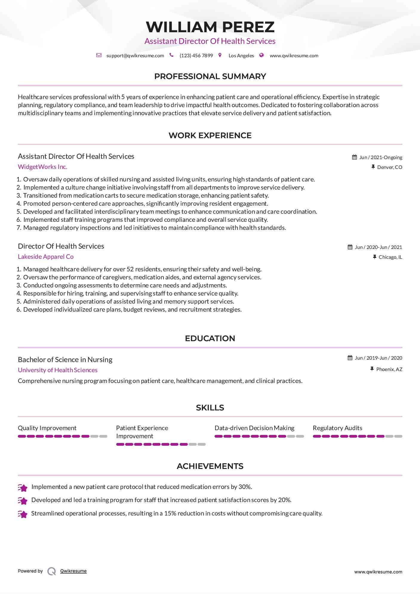 Assistant Director Of Health Services Resume Template