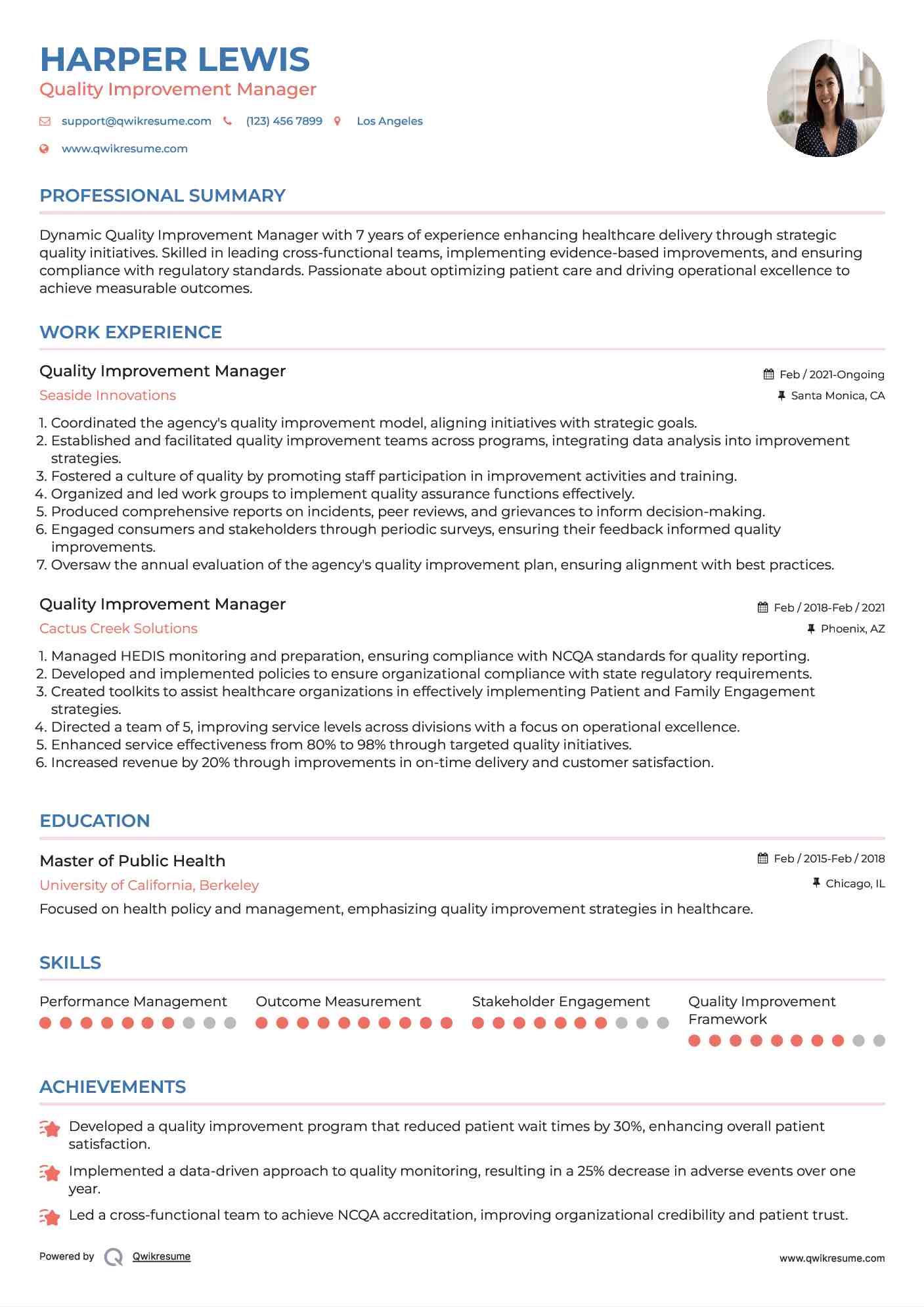 Quality Improvement Manager Resume Template