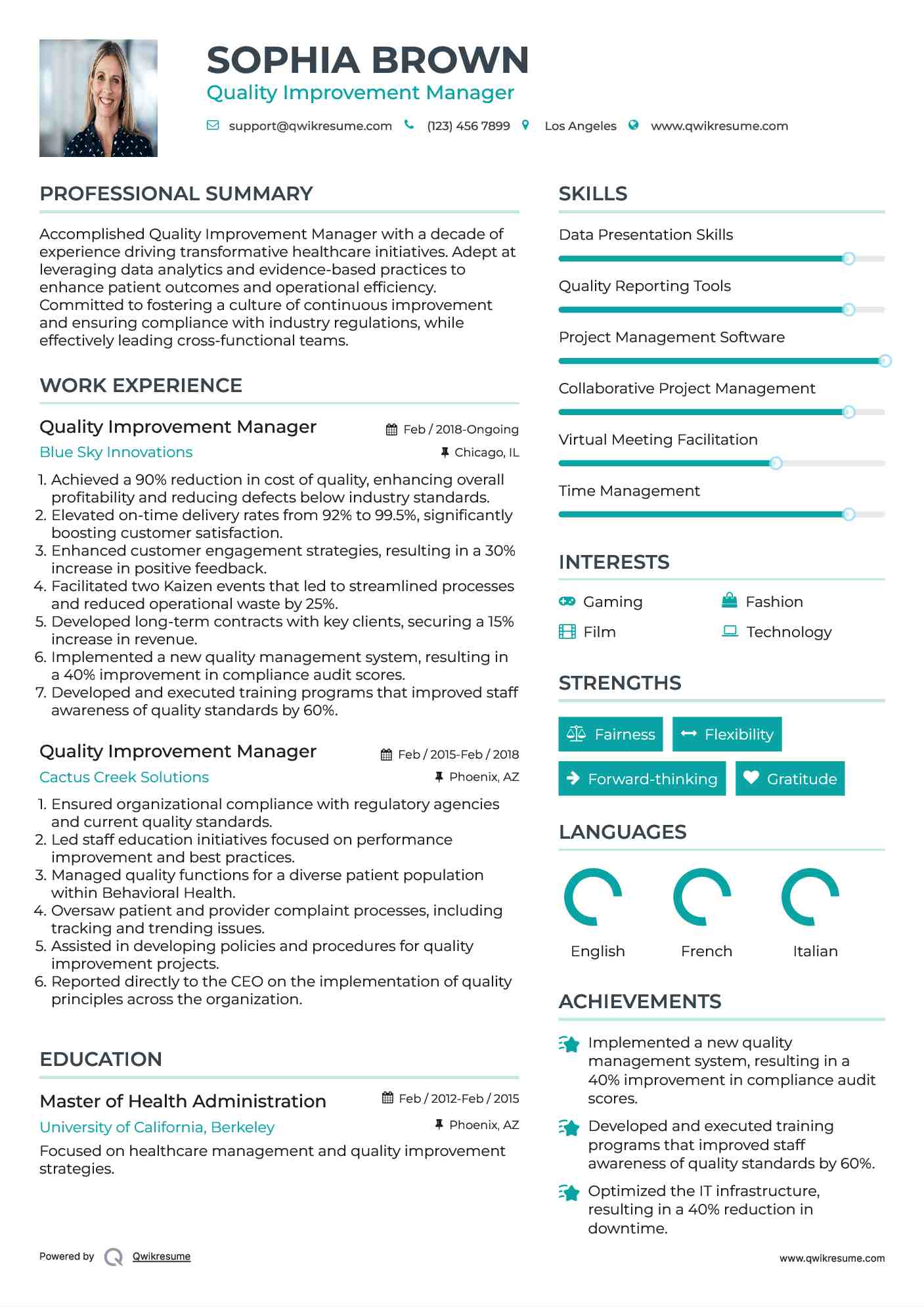 Quality Improvement Manager Resume Example
