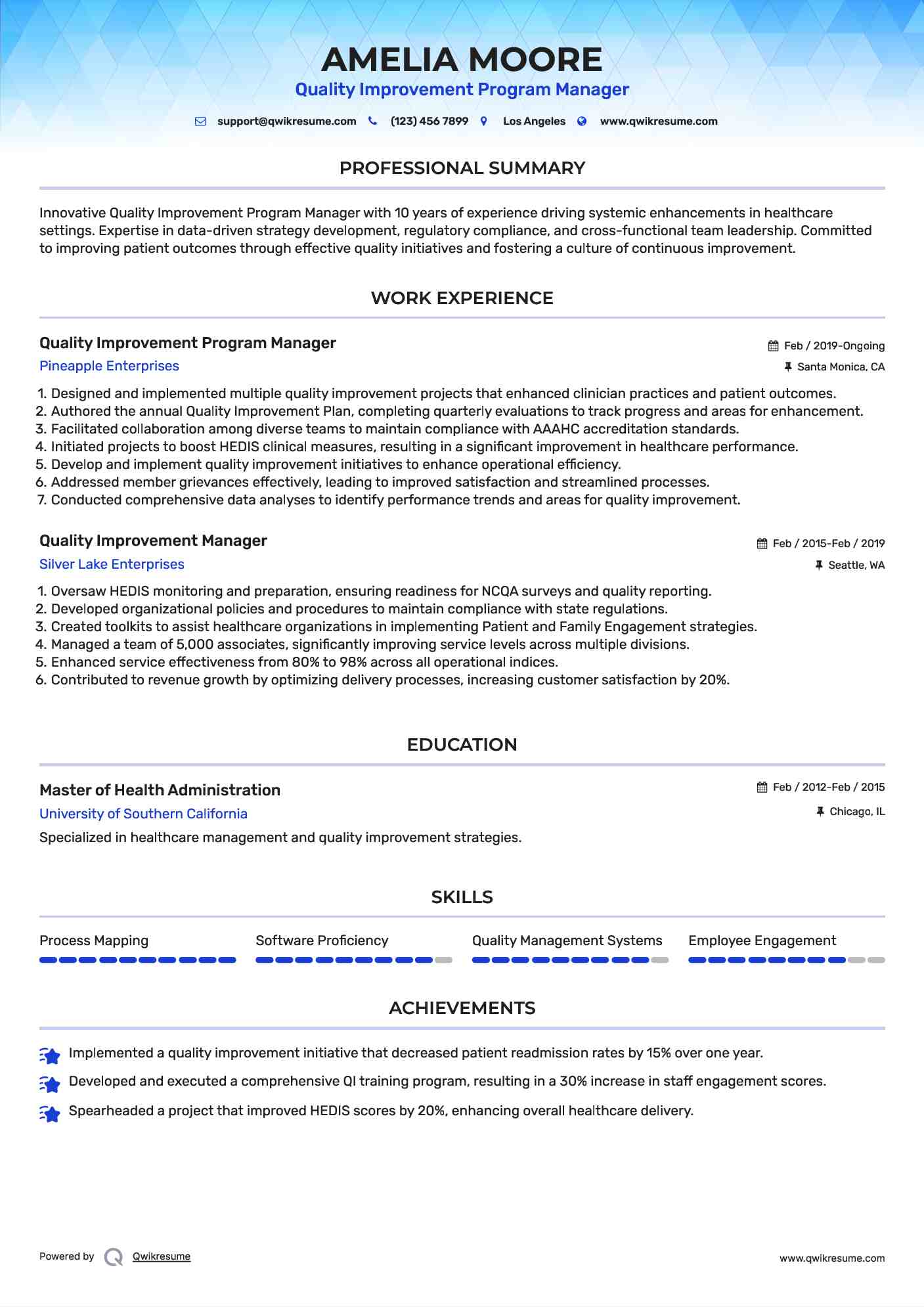 Quality Improvement Program Manager Resume Example