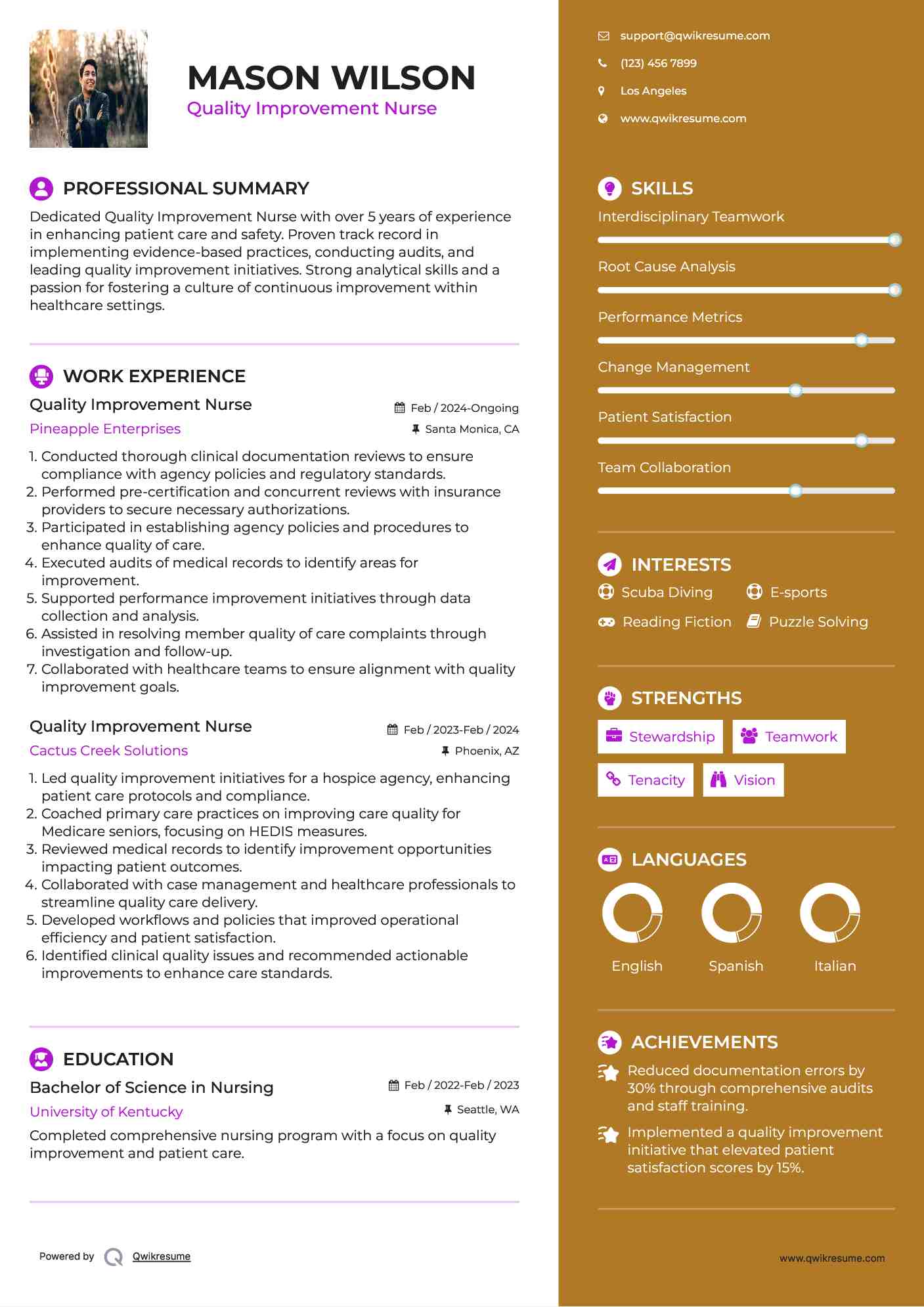 Quality Improvement Nurse Resume Sample