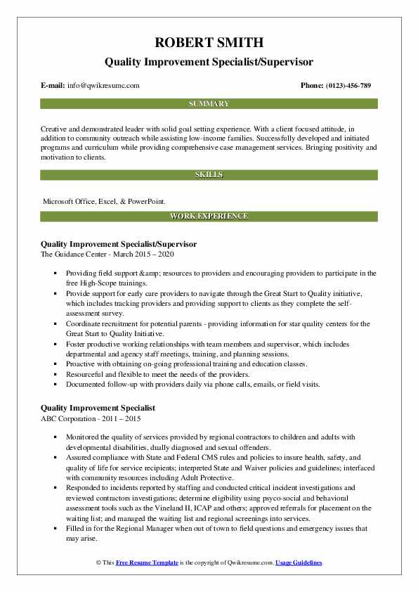 Quality Improvement Specialist Resume Samples | QwikResume