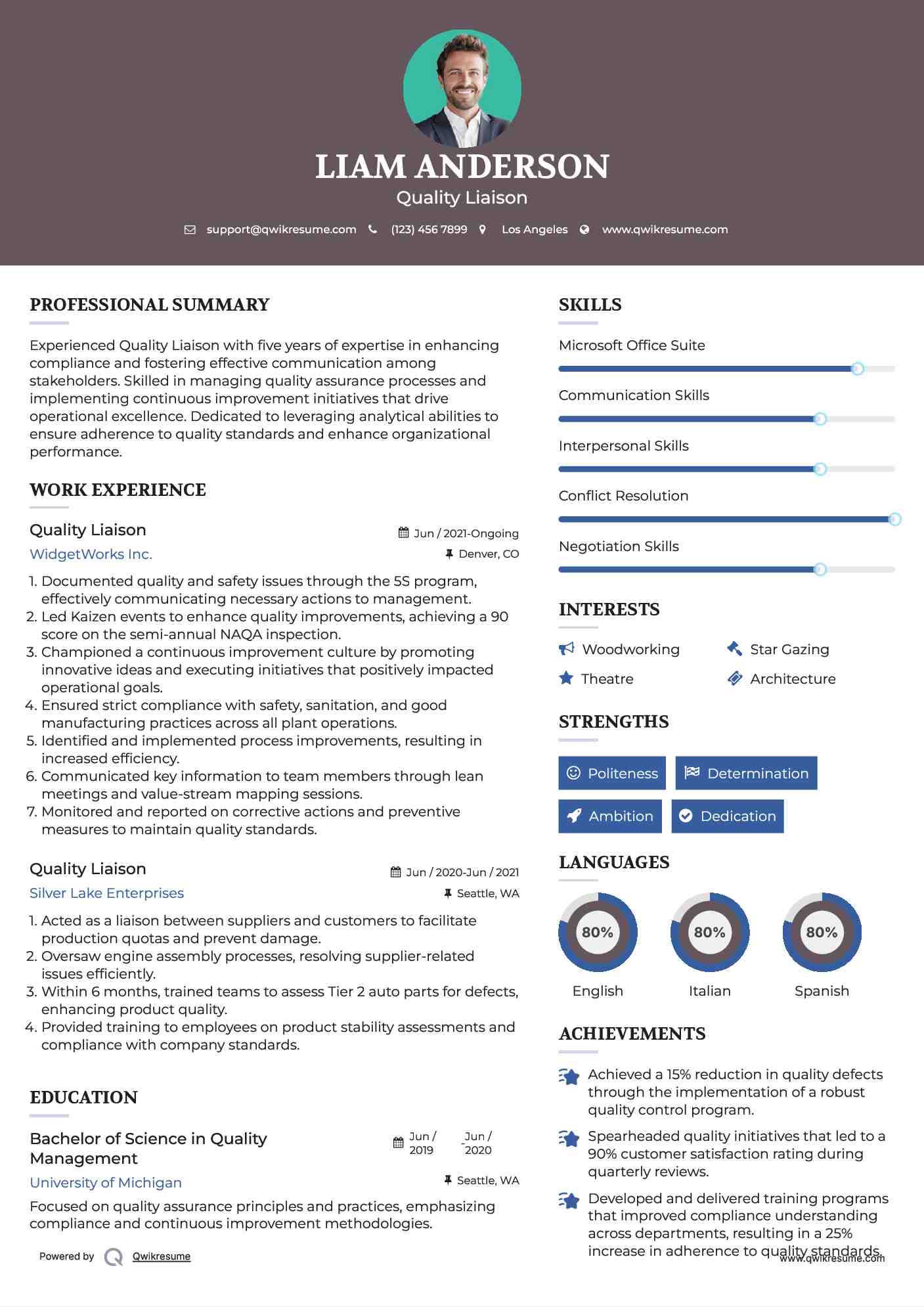 Quality Liaison Resume Sample