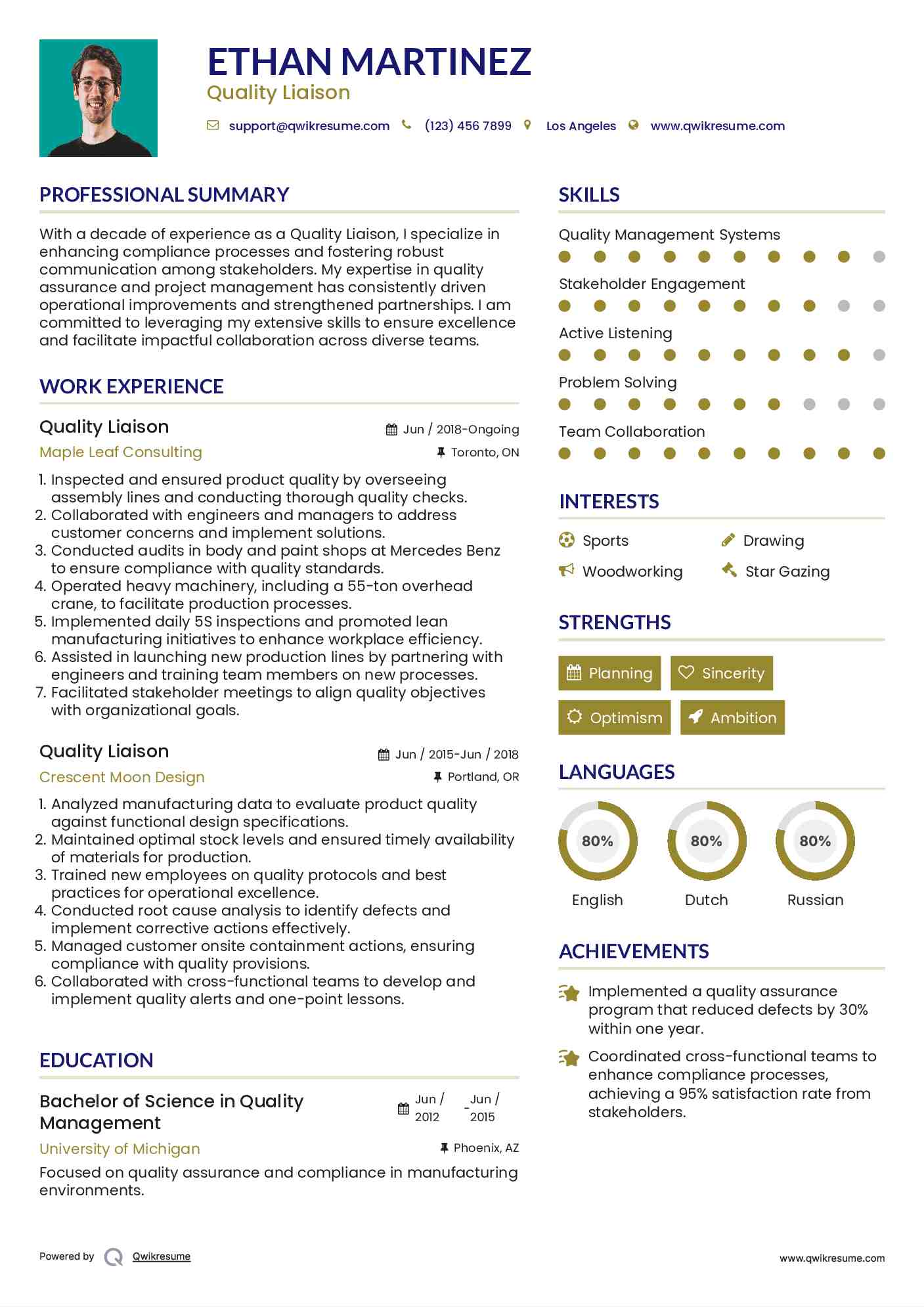 Quality Liaison Resume Sample